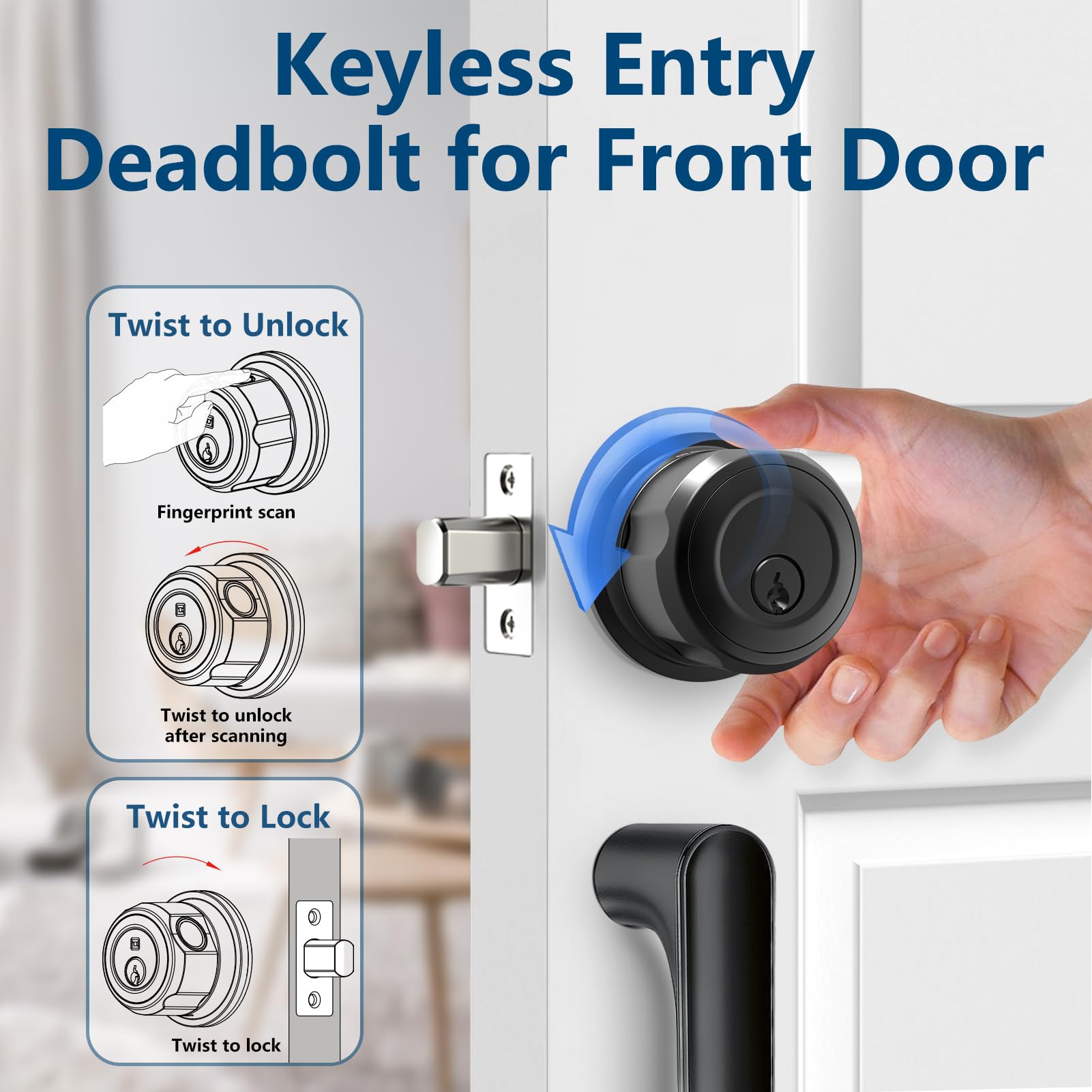 Geektale Fingerprint Deadbolt, Fingerprint Door Knob, Smart Deadbolt Lock, Smart Door Lock, Twist To Lock&Unlock, Keyless Entry Door Lock With App, For Front Door, Garage, Easy Installation