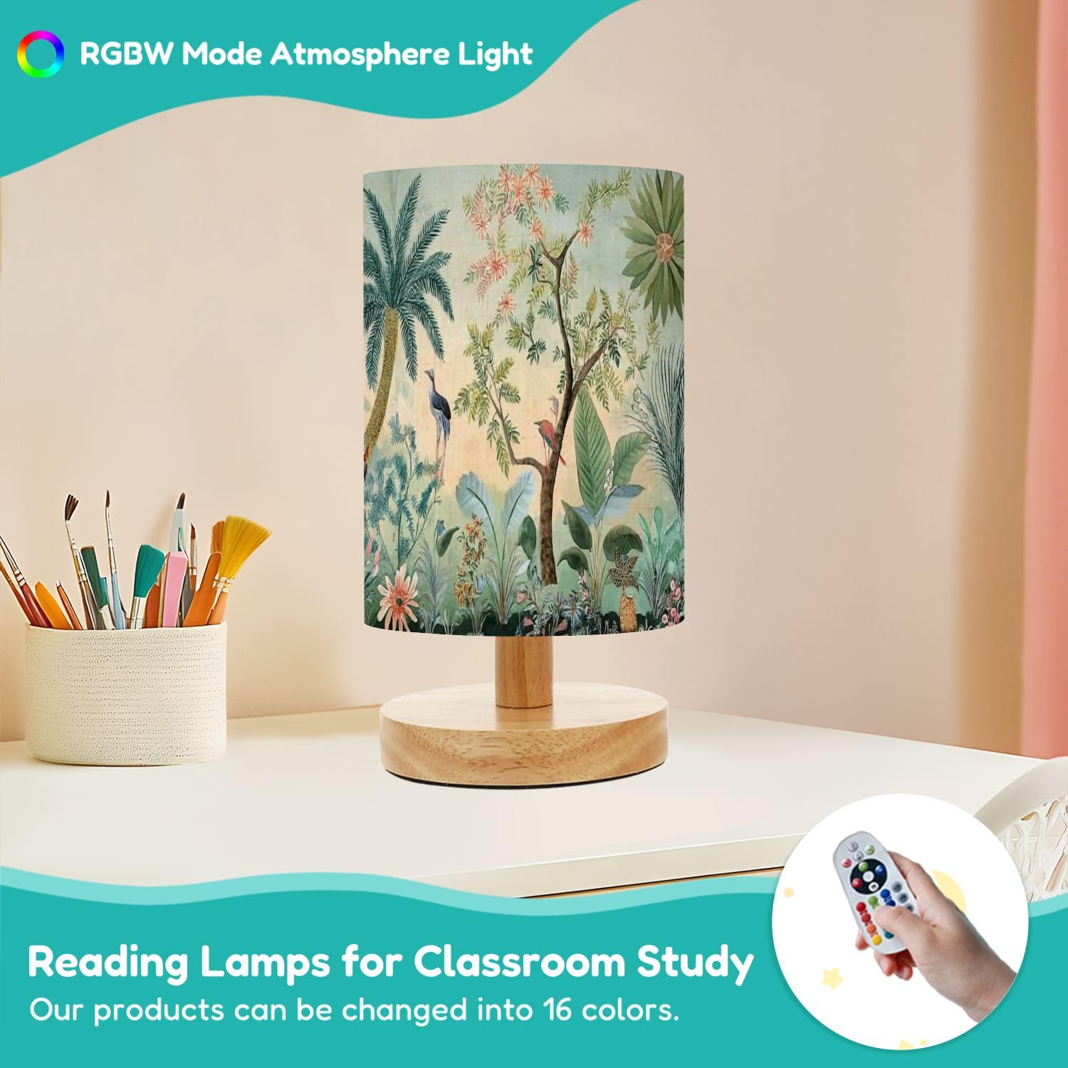 Aurfiaiuop Bedside Desk Lamps, Minimalist Traditional Mughal Garden Botanic Landscape Wall Paper Nightstand Lamps, Small Table Lamp For Nursery Girls Kids Bedroom Classroom Living Room Dorm Decor