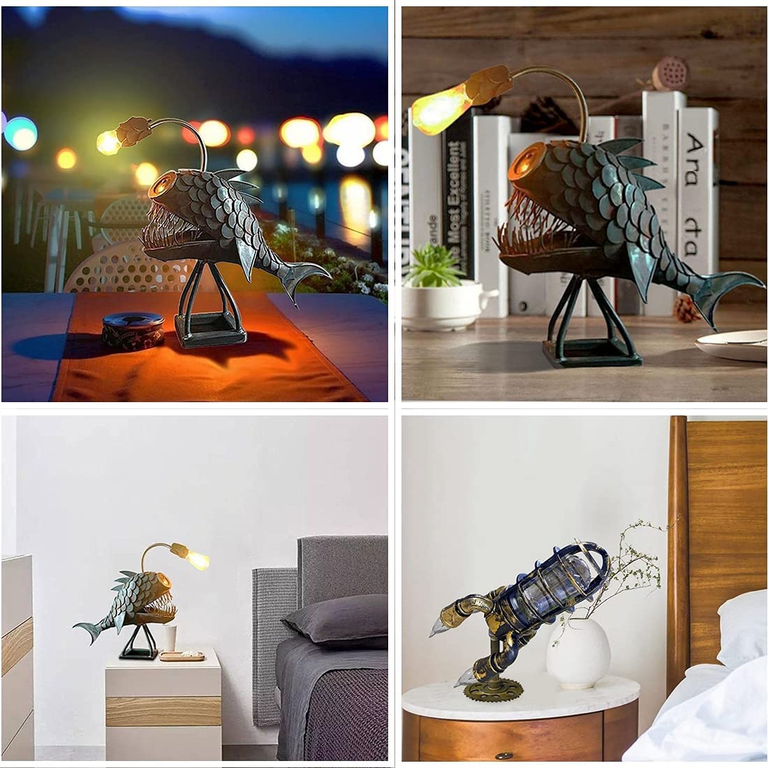 Cafele Rustic Usb Angler Fish Lamp, Shark Lamp Steampunk Style Table Lamp, Simulation Flame Led Bulbs Lights, Handmade Night Lights, Book Lights, Industrial Creative Decor For Home/Office (Medium)