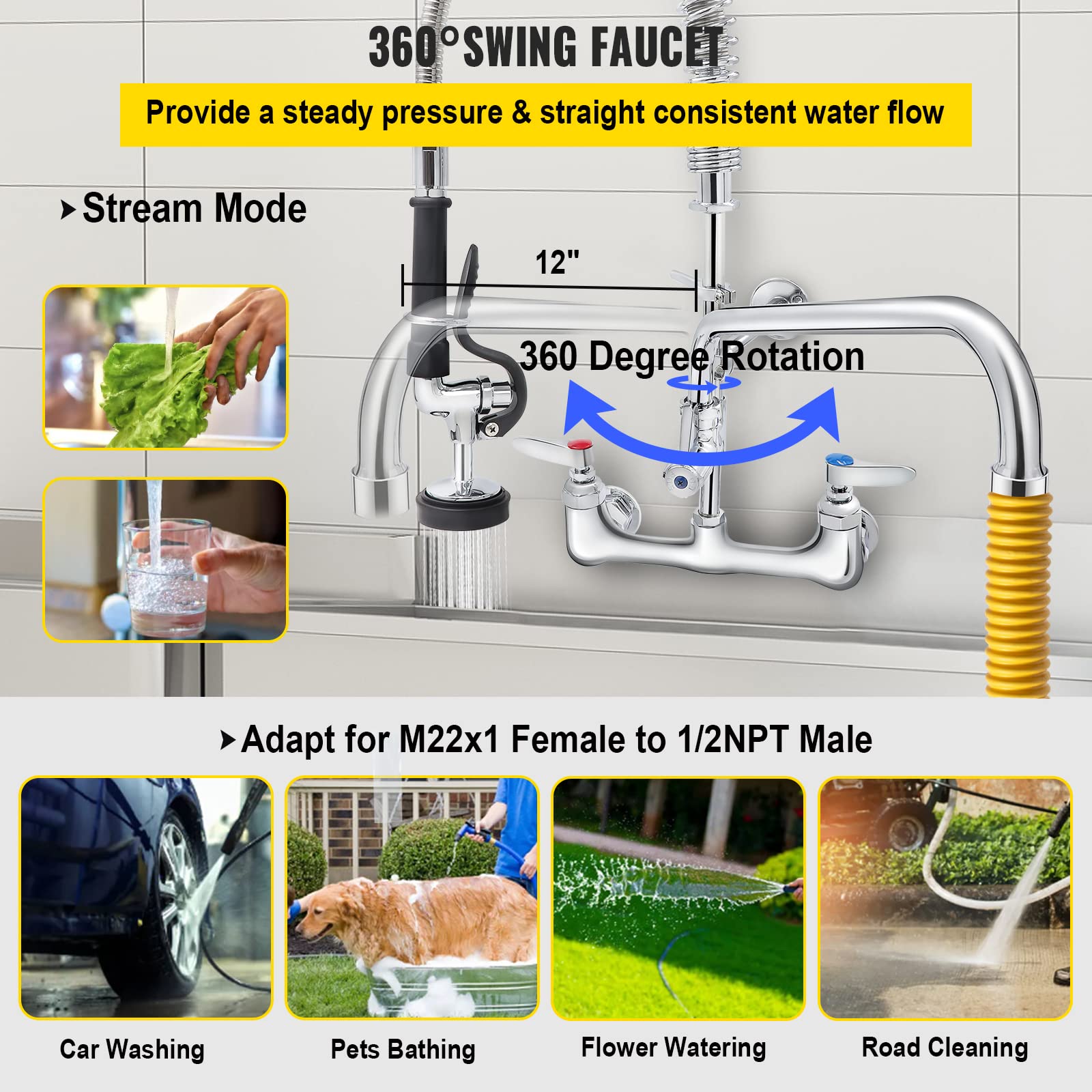 Vevor Commercial Faucet With Pre-Rinse Sprayer, 8" Adjustable Center Wall Mount Kitchen Faucet With 12" Swivel Spout, 25" Height Compartment Sink Faucet For Industrial Restaurant, Lead- Brass