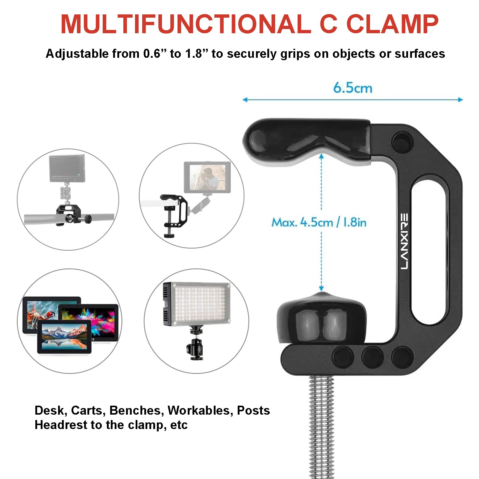 Lanxire Camera Clamp Mount C Clamp With Magic Arm - Perfect For Fence, Desk, Tripod, Monitor, Light, Gopro, Insta360, Dslr - Essential Tool For Outdoor Projects, Broadcasting, Photography