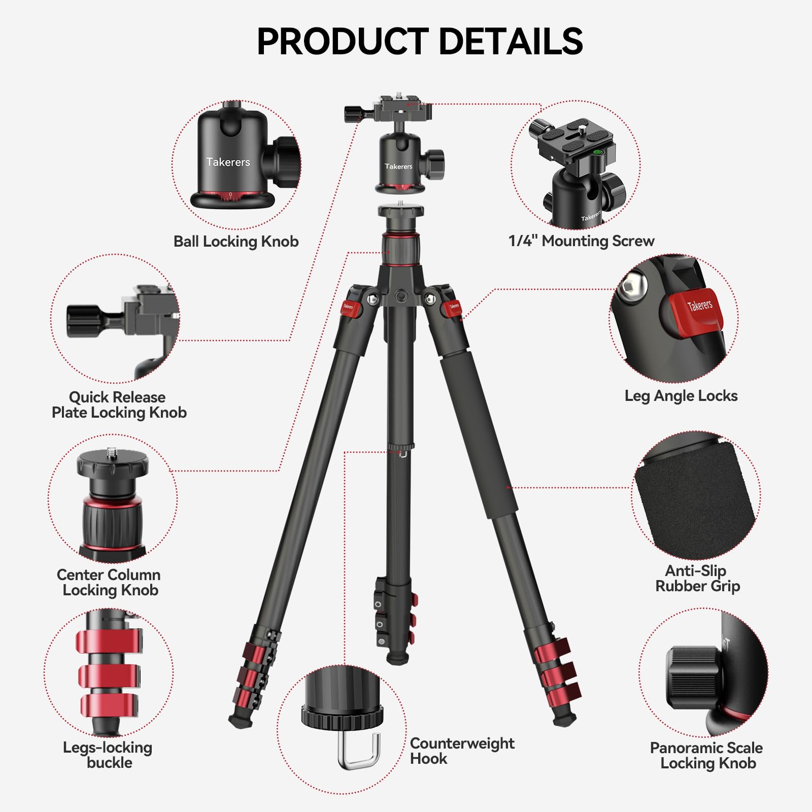 Takerers Carbon Fiber Tripod For Camera Dslr, 62''/158Cm Professional Camera Tripod Stand, Travel Portable Video Compact Stand For Sony Nikon Canon Dslr Etc,360° Mental Ball Head, Max Load 26.5Lb/12Kg