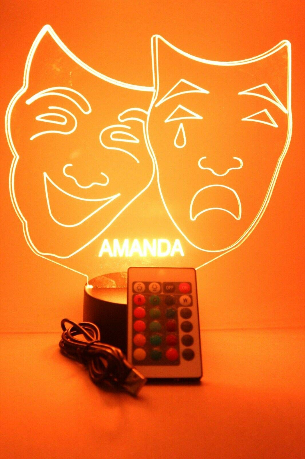 Mirror Mania Comedy Tragedy Theater Masks Light Up Night Light Lamp Led Engraved Custom Name Personalized Table Lamp, With Remote, 16 Different Color Options, Dimmer, It'S Wow, Great
