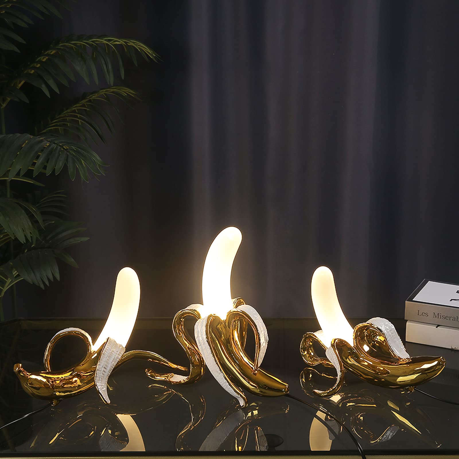 Lazhug Modern Plated Resin Banana Table Lamp Light Novelty Plug In Led Fruit Night Lights,Funky Banana Lamp For Office Decorations Bedroom Atmosphere Lamp (Lying Banana Lamp)