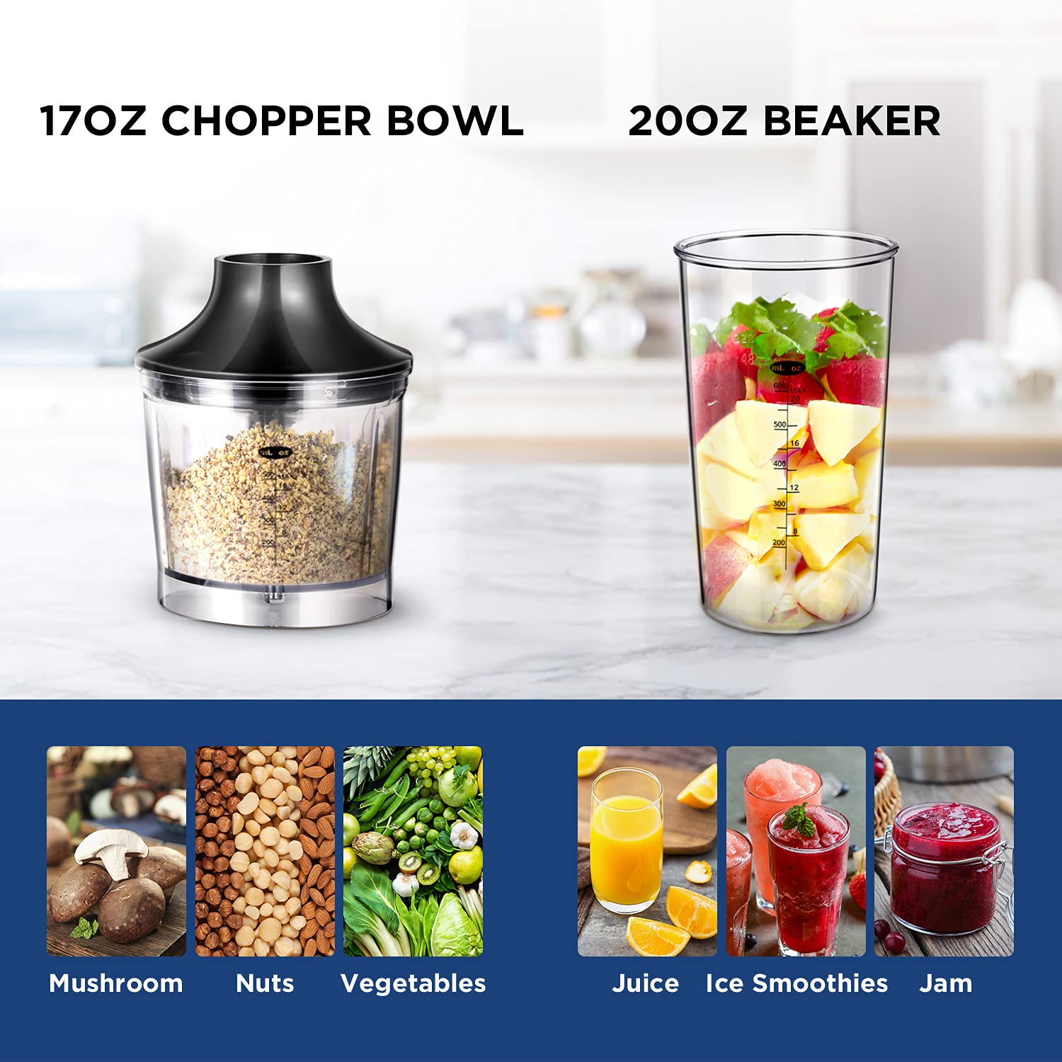 Comfee' Immersion Hand Blender, Brushed Stainless Steel, Multipurpose Stick Blender With 500 Watts, 600Ml Beaker, 500Ml Chopper And Whisk, Perfect For Baby Food, Smoothies, Sauces And Soups, Black