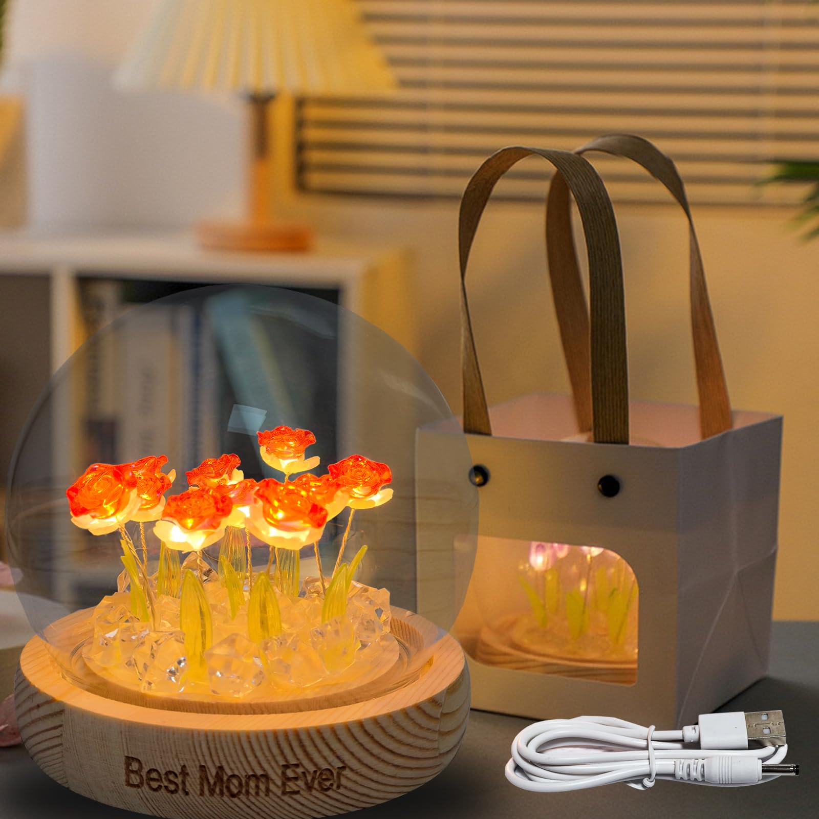 Xlmjdzq Mothers Day For Mom,Forever Rose Flower Lamp,Table Lamp With Usb Interface, Rose Artificial Flowers For Room Decor Aesthetic,Unique Romantic Birthday For Mom From Daughter.
