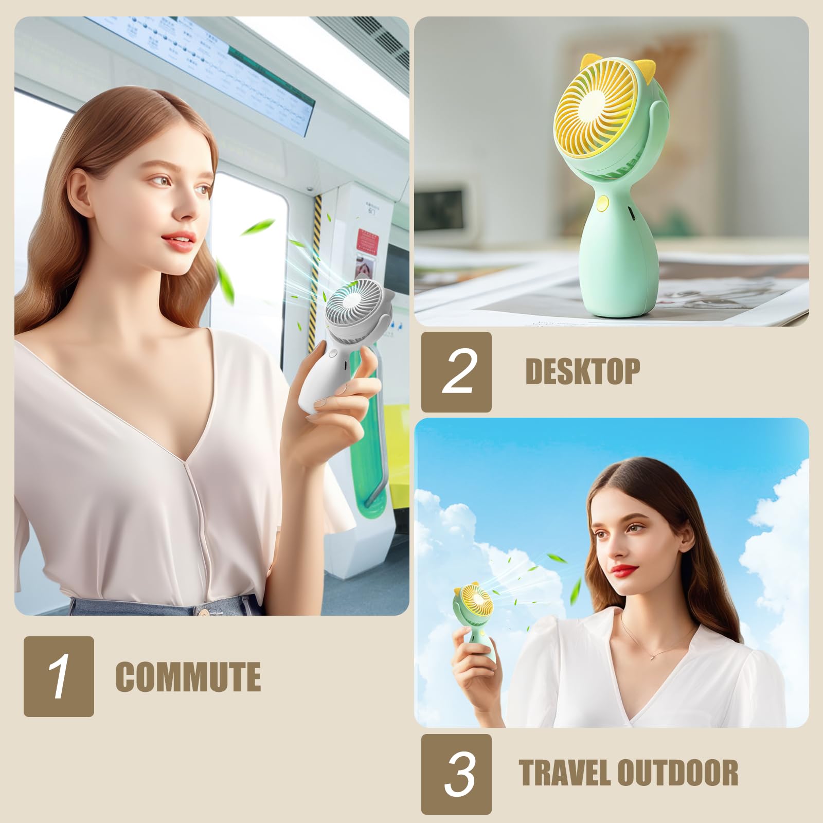 Qearfun Cute Handheld Lanyard Fan Portable, Mini Personal 3-Speed With 180 Rotation, Small Makeup