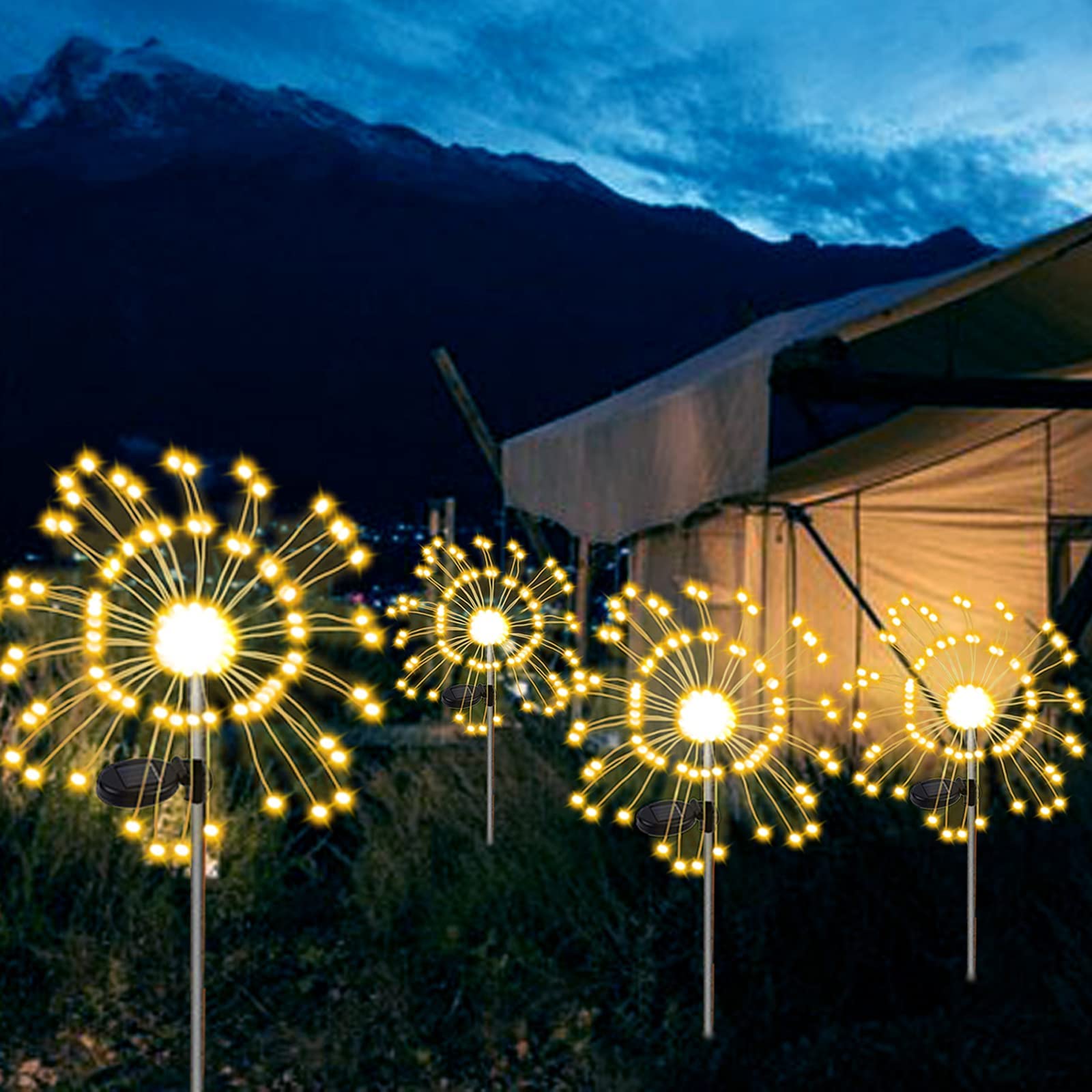 Xvz Solar Garden Light, 2 Pack  120 Led Solar Powered Firework Light,2 Modes And Waterproof Diy Outdoor Decoration Light For Walkway Pathway Backyard Christmas Party Decor（Warm White）
