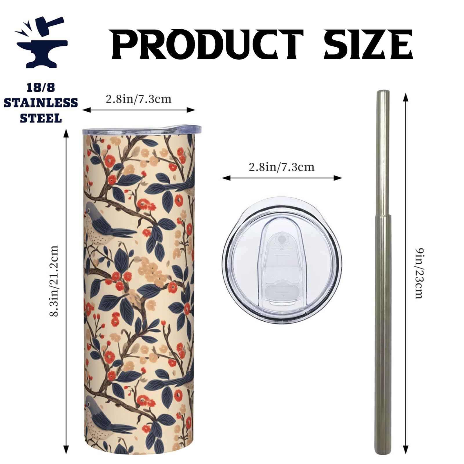 Stainless Steel Tumbler 20Oz With Lid And Straw, Birds Tumbler For Hot And Cold Beverages