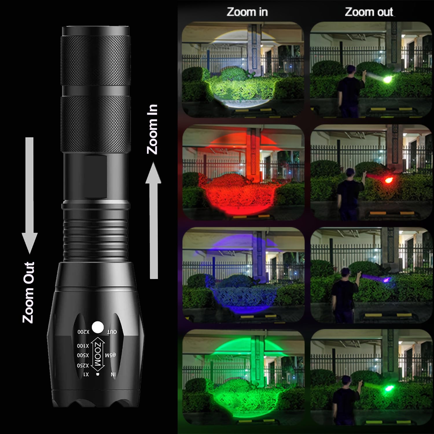 Mviocs 4-In-1 Red Rechargeable Flashlight - Multi-Color Led (White/Red/Blue/Green) Torch With 4 Modes, High Lumens Zoomable Flashlight For Camping, Observation, Emergency & Outdoor Adventures