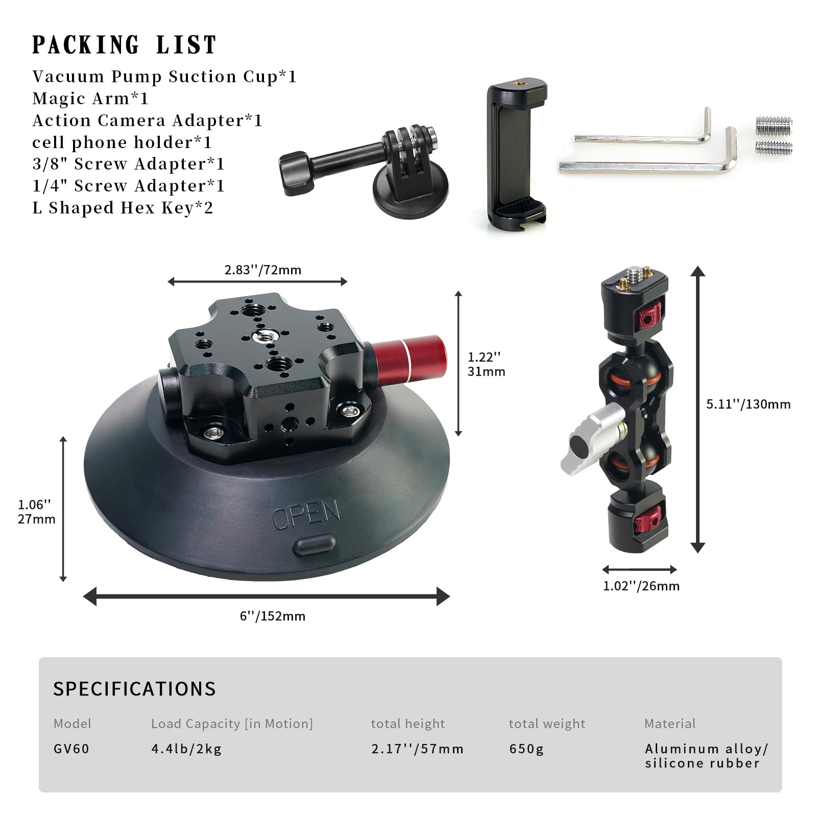 Fifield 6In Camera Suction Cup Phone Mount With Ball Head Magic Arm, Quick Release Car Mount For Action Camera Phone Dji Insta360, Air Pump Vacuum Suction Cup, 1/4" 3/8" Arri Holes