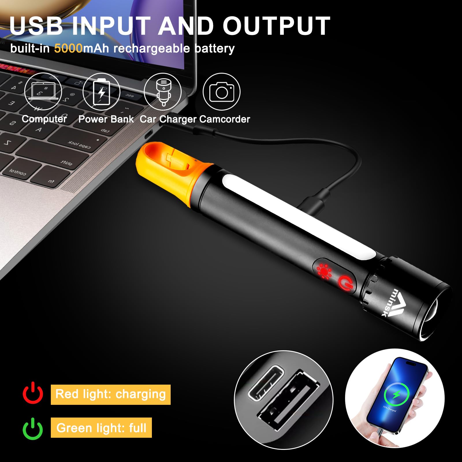Minsk Flashlights High Lumens, Rechargeable Flashlights With Cob Sidelight, 2000 Lumen Super Bright Led Flashlight, Ipx5 Waterproof Flash Light With Hook, Perfect For Outdoors, Camping, Hiking & Emergency