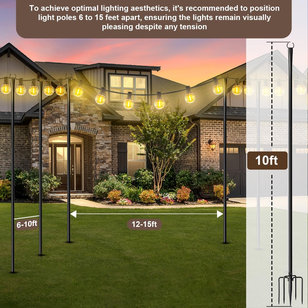 Mulivid 6 Pack String Light Poles For Outdoor,Metal Light Hanging Pole Outside With Fork,Light Stand For Patio, Pergola, Garden, Backyard, Yard, Camping Party