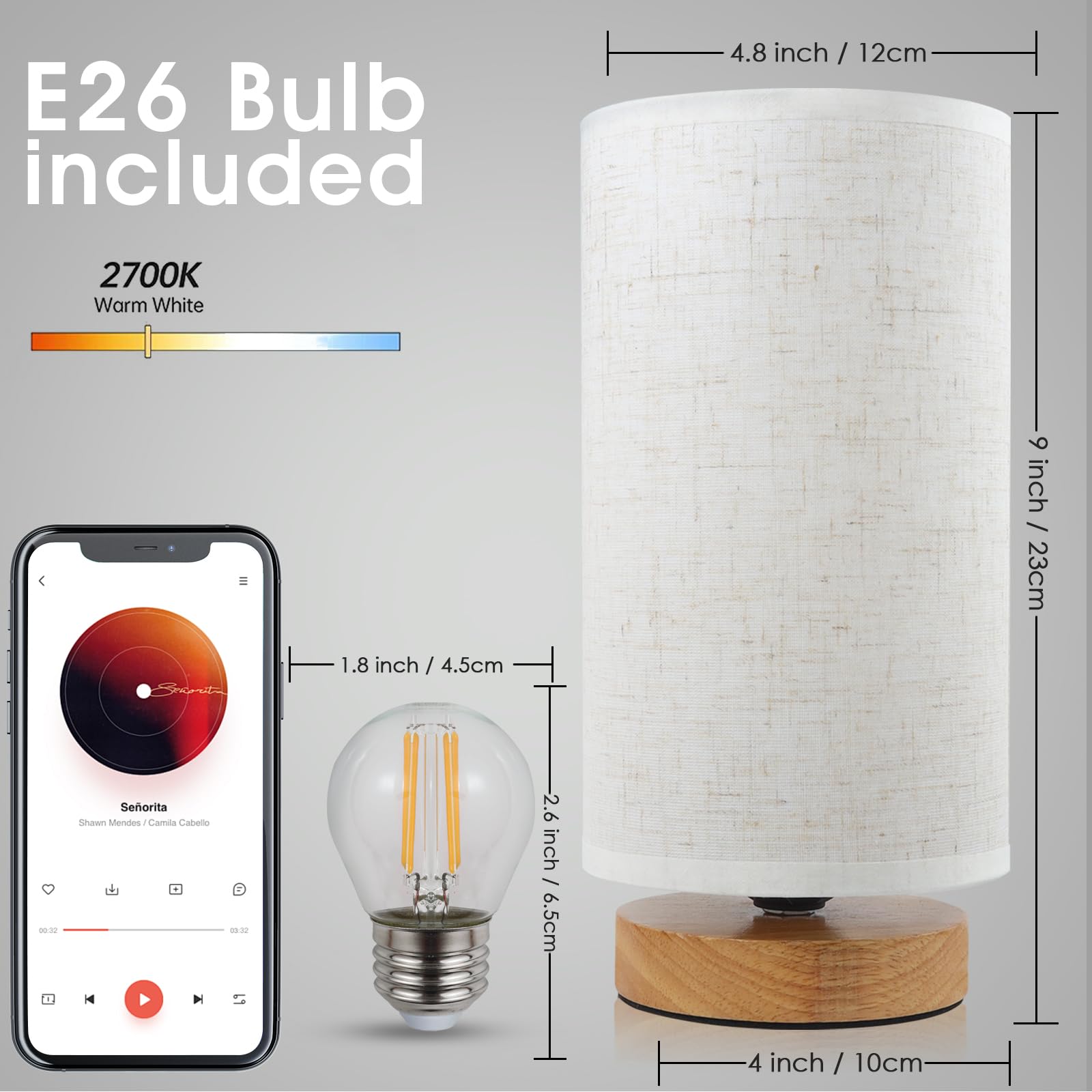 Seensiny Small Bedside Night Table Lamp For Bedroom, Minimalist Nightstand Lamp With Round Fabric Linen Shade, Study Reading Desk Lamp For Kids Room, Living Room, College Dorm, Home, Office
