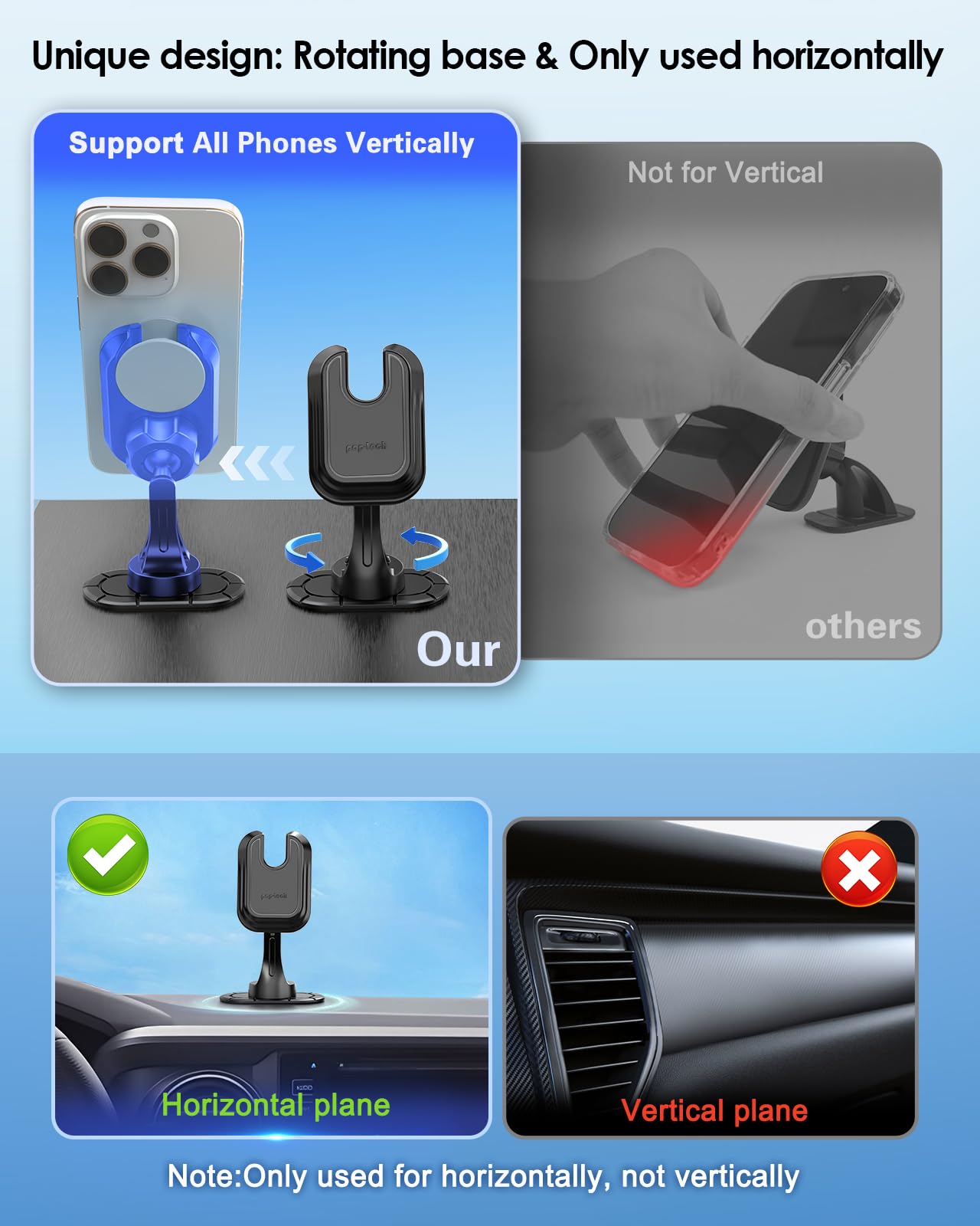 Pop-Tech Car Mount For Socket Grip, Dashboard Adhesive Phone Holder Mount For Phone Grips Stand, Compatible With Popwallet Magsafe Iphone Card Holder, Rotatable Soft Base