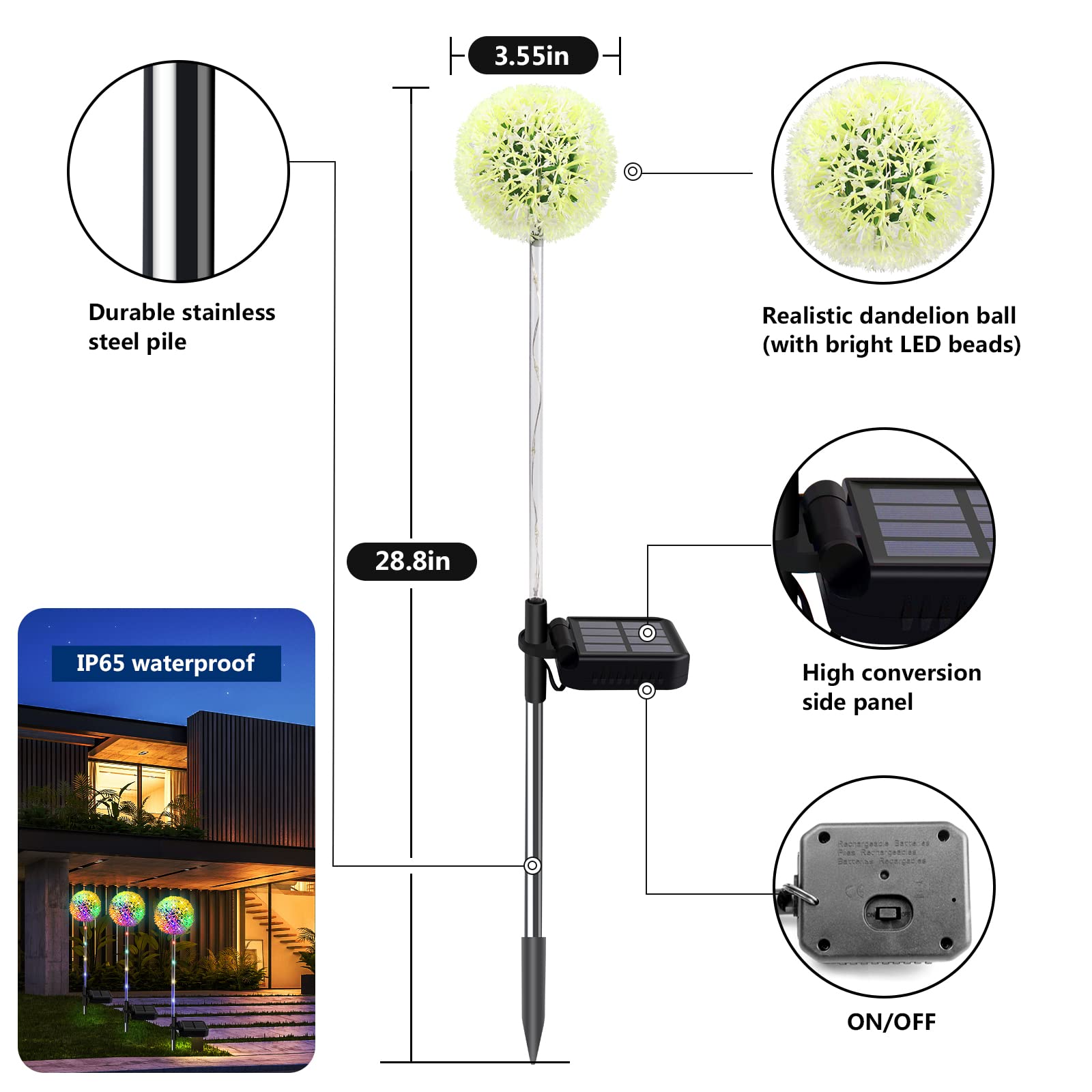 Amouhom Solar Garden Lights Outdoor 4 Pack Dandelion Lights Decorative Lights Waterproof Solar Garden Decor For Yard, Patio, Landscape Decoration