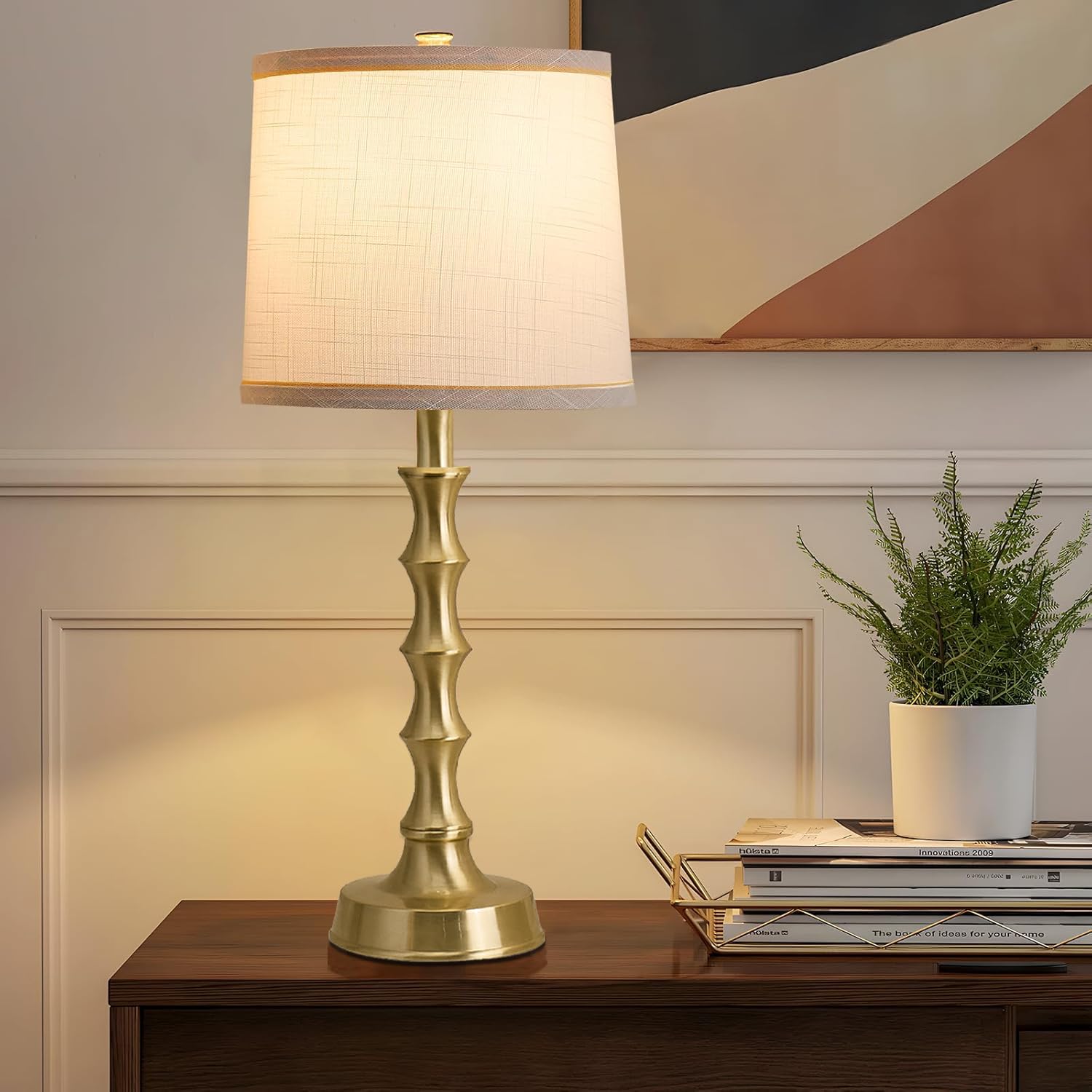 Hgnpjc Set Of 2 Gold Table Lamps, 24" Electroplated Gold Bamboo Base With White Linen Shade, Compact Nightstand Lamps For Bedroom, Living Room, Office Decor
