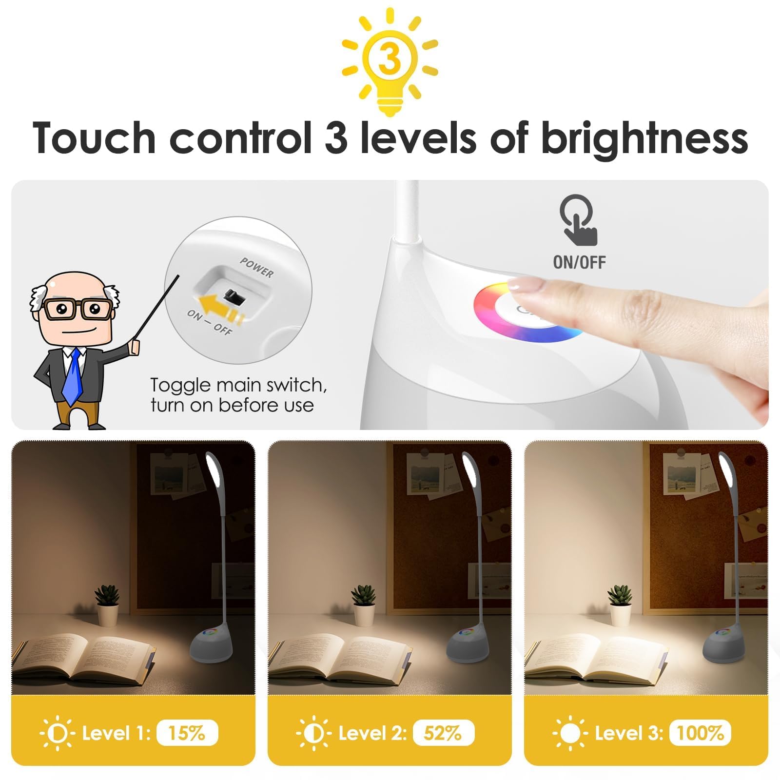 Xanso Small Desk Rgb Lamp - 3 Levels Touch Control Portable Reading Light - Cordless Flexible Gooseneck Table Lamp For Room Bedside And Office