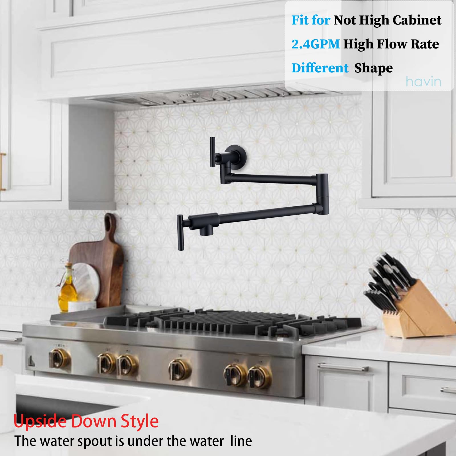 Havin Upside Down Design Pot Filler,Black Color,Wall Mount Pot Filler Faucet, Kitchen Folding Faucet,Coffee Machine Faucet With Stretchable Double Joint Swing Arms, Matte Black