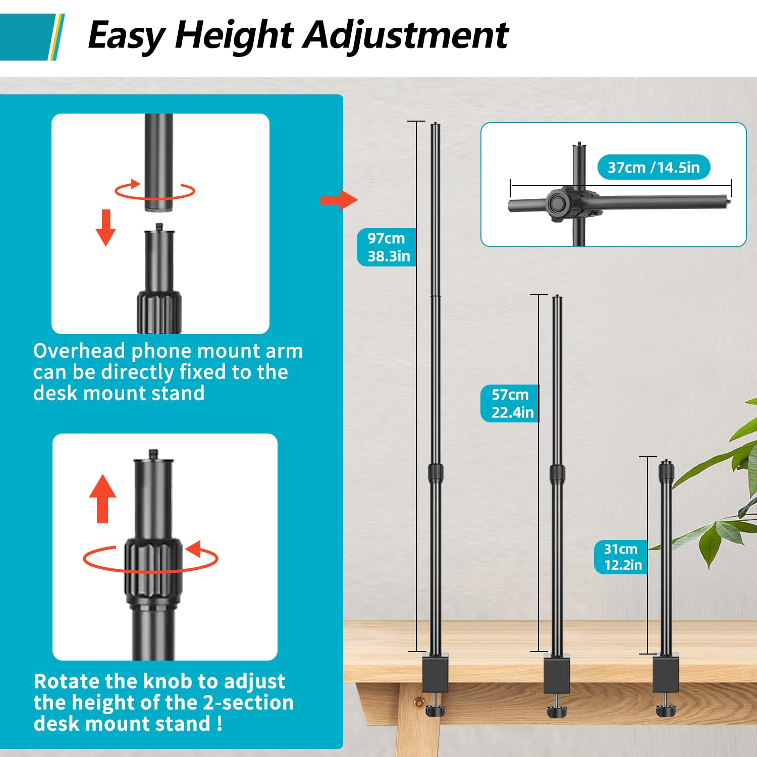 Jebutu Camera Desk Mount Webcam Stand With Overhead Articulating Magic Boom Arm 1/4" Ball Head For Dslr Tripod, Adjustable Light Stand, Tabletop C Clamp For Ring Light Photo Video Shooting Live Streaming