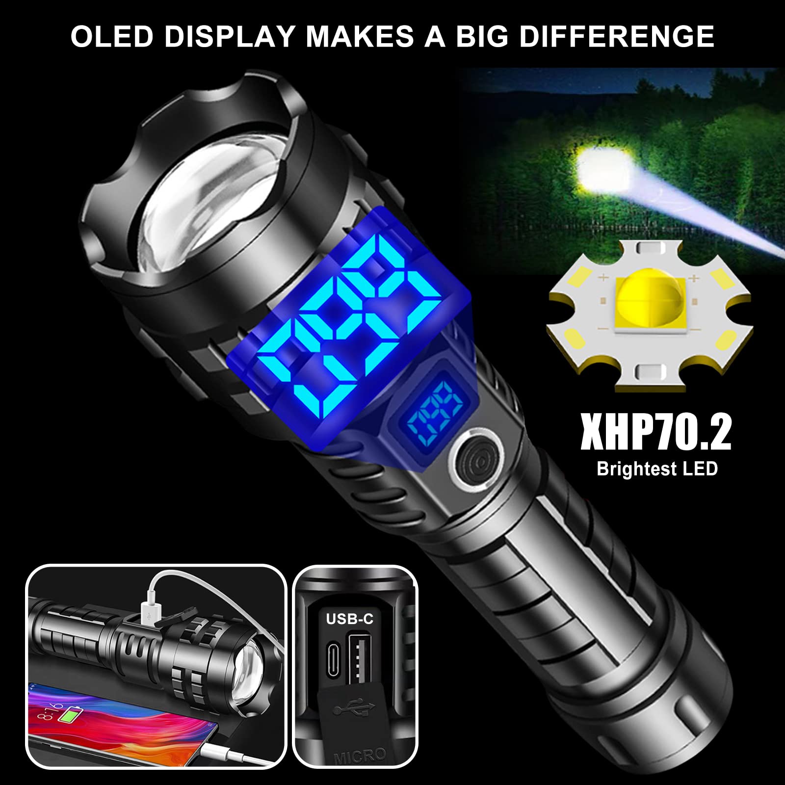 Aifire Worlds Brightest Flashlight 200000 Lumens Oled Charging Display Best Rechargeable Led Spotlight Usb-C Power Bank Holster