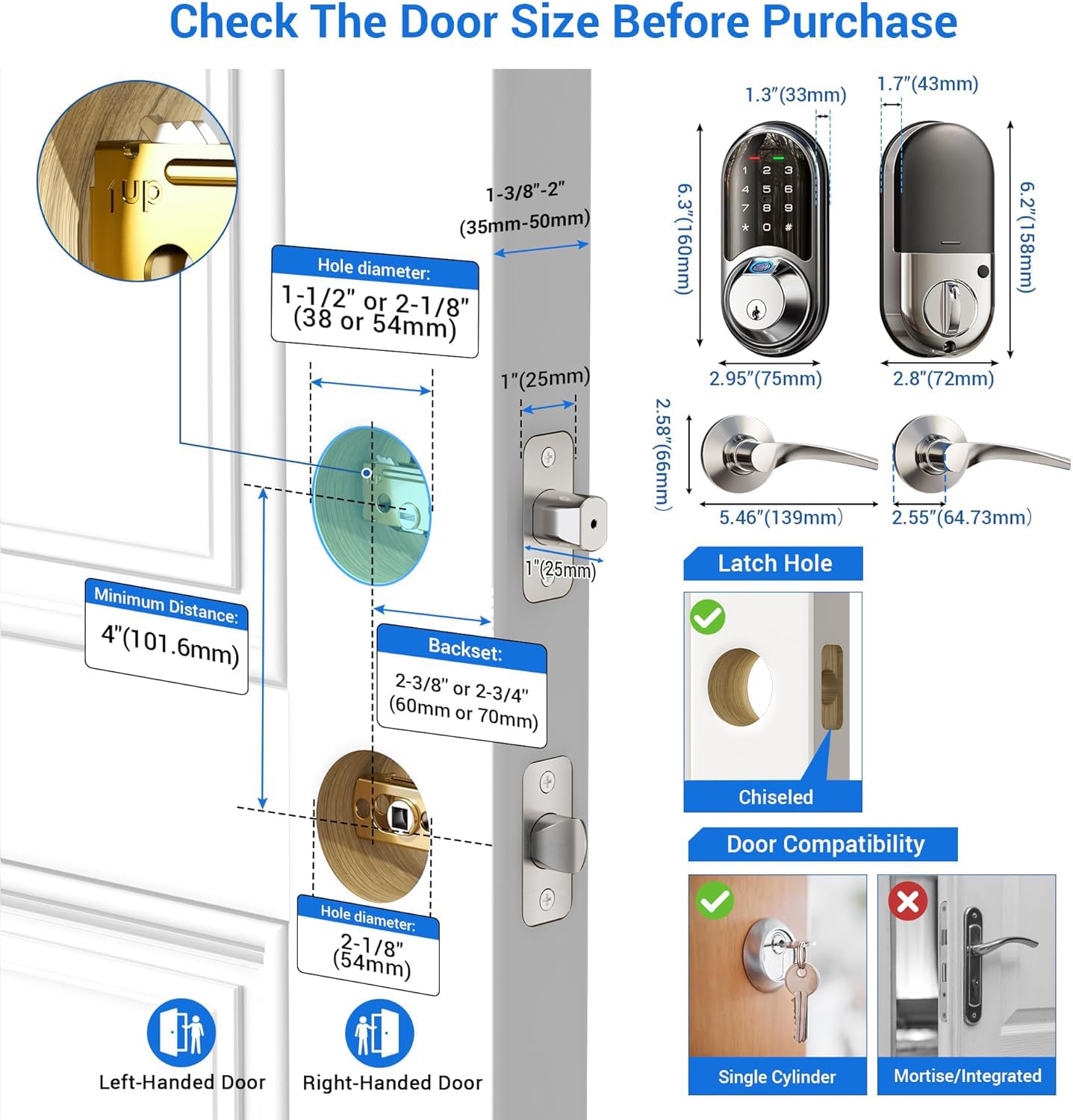 Veise Rz07B Smart Locks For Front Door, 2 Lever Handles, Fingerprint Keyless Entry, App Control Biometric Door Lock Set, Touchscreen Keypad Deadbolt, Easy Install, Auto Locking, Satin Nickel