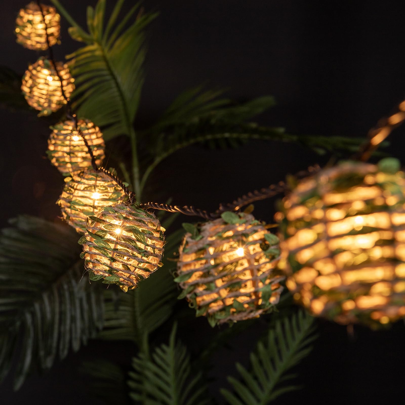 Twinkvilla Decorative Lantern String Lights, Outdoor Plug In Hanging Lights With 10 Natural Hemp Rope Leaf Balls, Connectable Weatherproof Patio Globe Boho String Lights For Home Pergola Porch Party Backyard