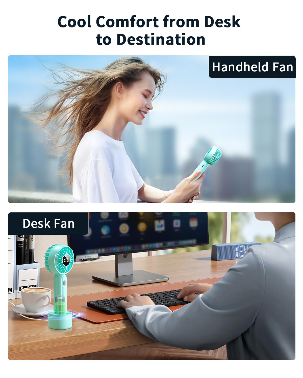 Handheld Fan With 𝗪𝗶𝗿𝗲𝗹𝗲𝘀𝘀 Charging Base, 3 Speeds Portable Fan With Digital Display