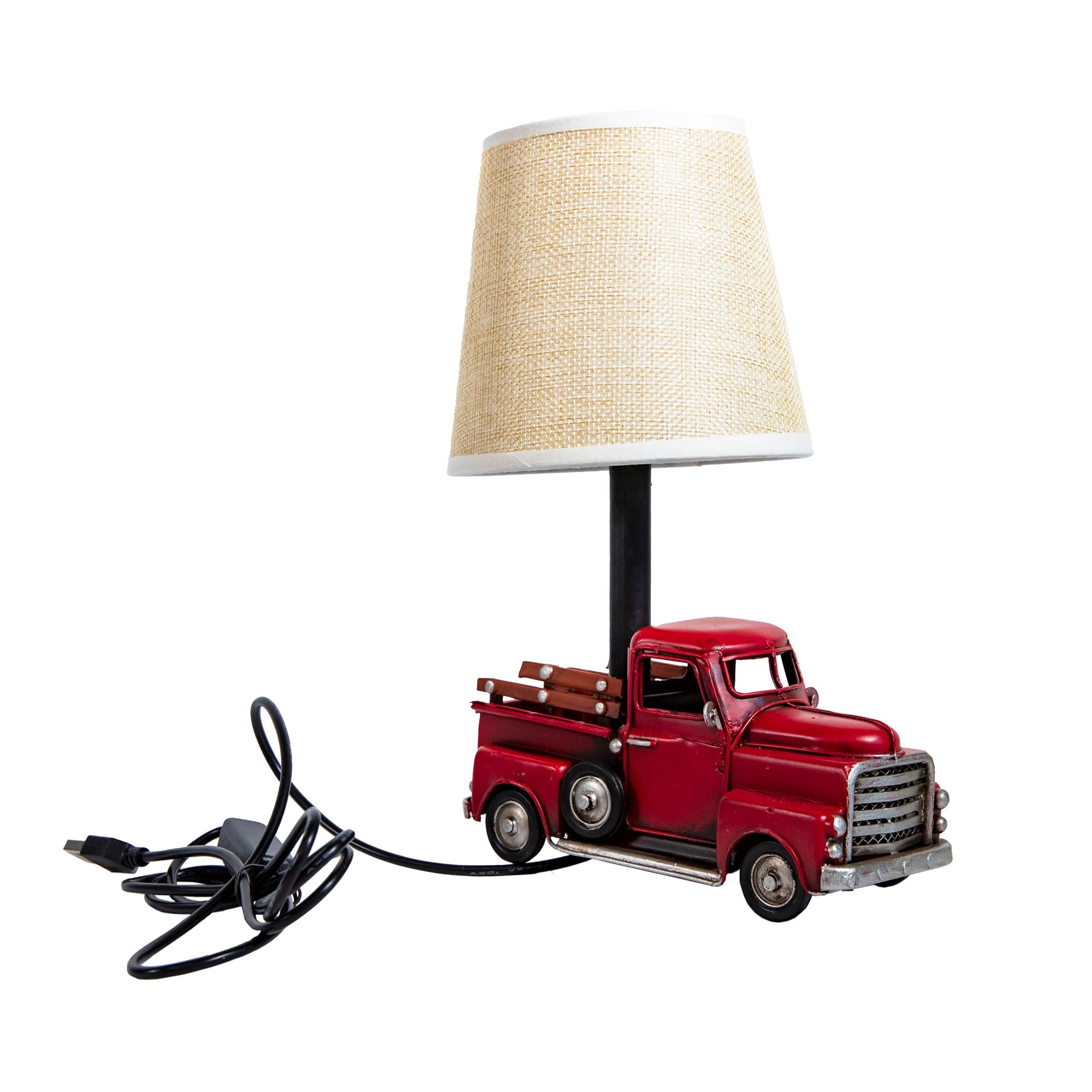 Berfutall Berfutall-Decorative Rustic Red Vintage Truck Usb Table Lamp，Night Light With Burlap Shade, 6.7 X 4.7 X 6.7 Inches