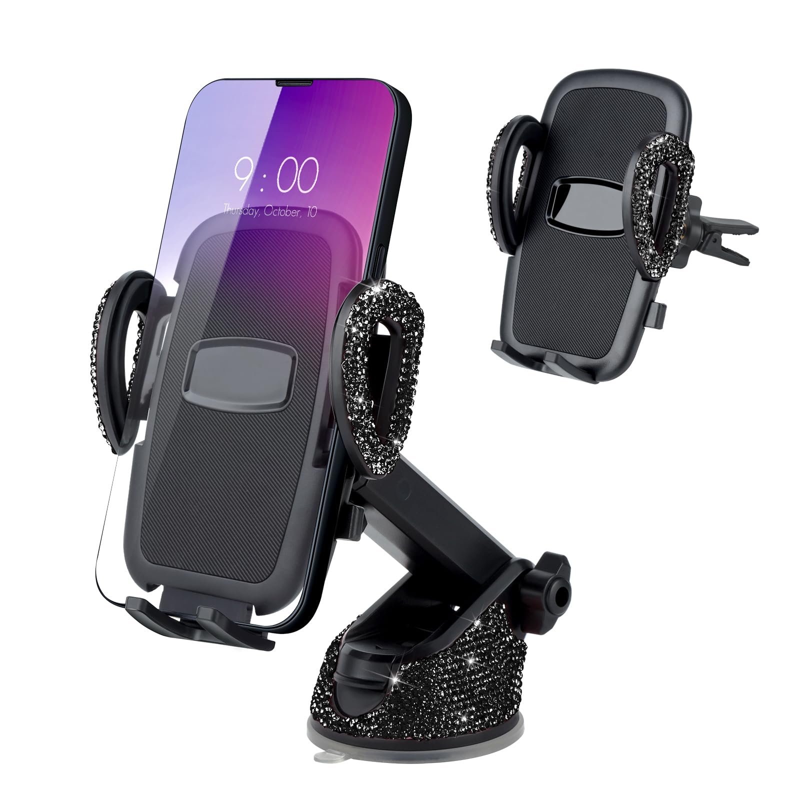 Eing Car Phone Mount Holder Dashboard Air Vent Windshield,Compatible With Iphone 12/11/11 Pro/8 Plus/8/Se/X/Xr/Xs/7 Plus Samsung S20/S10/S9/S8,Moto,Huawei,Nokia,Lg,Smartphones,Black