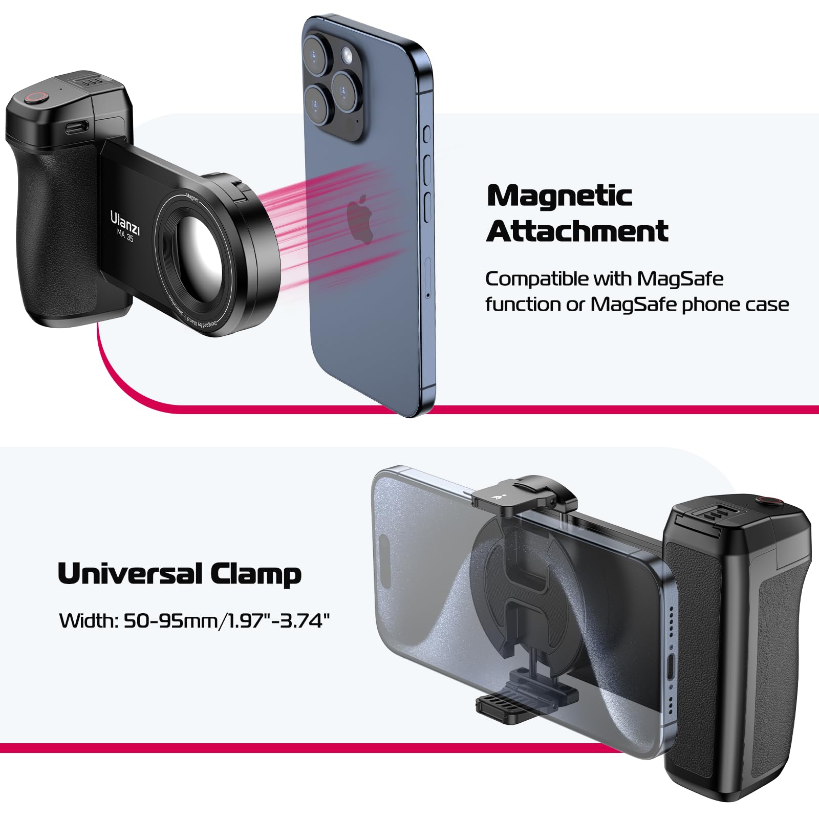 Ulanzi Selfie Phone Tripod Mount Ma35, 2-In-1 Magnetic & Phone Clip Camera Grip Handle Holder With Detachable Remote Shutter With Cold Shoe Adapter For Iphone 15 16 Samsung Smartphone Video Shooting