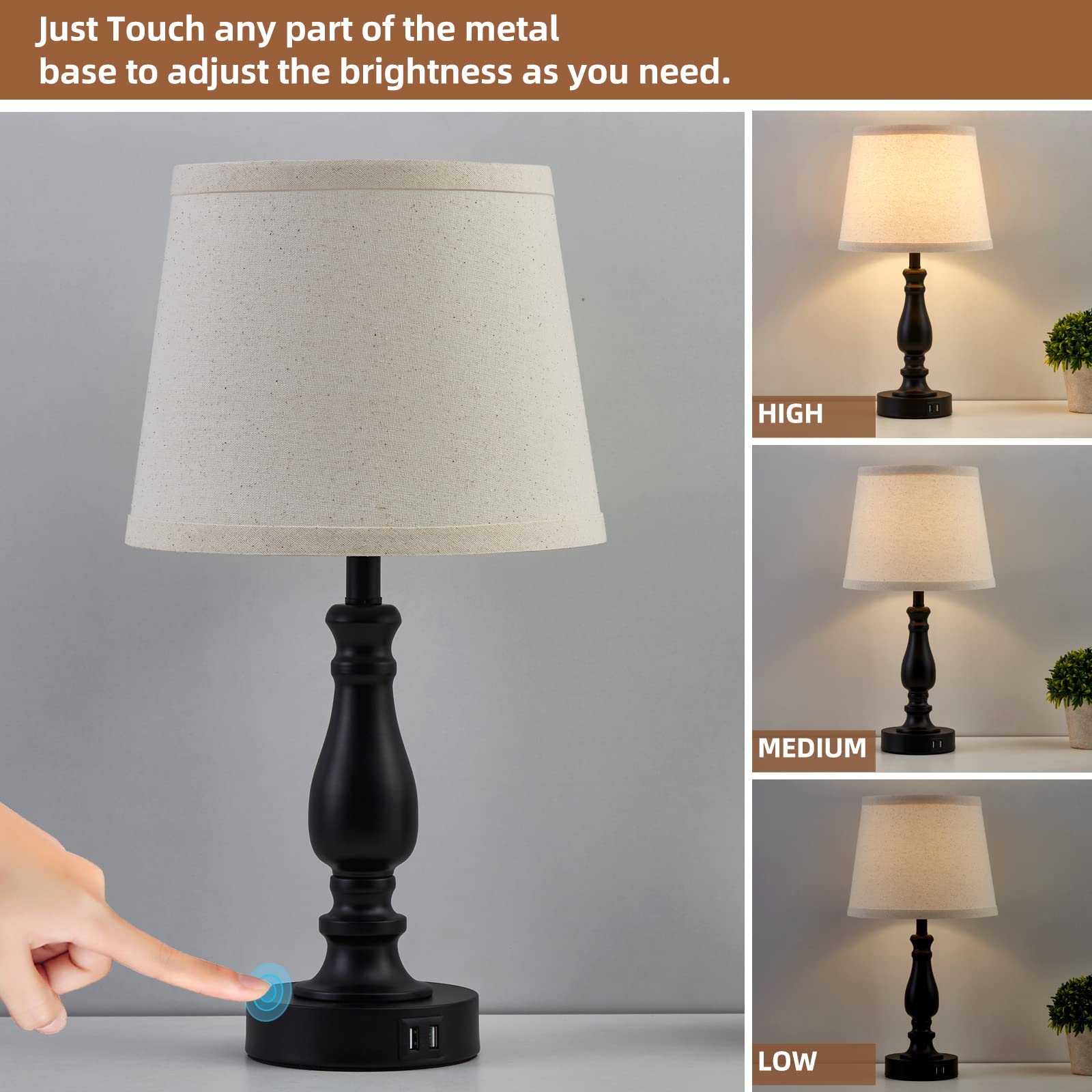 Ejiaxin Lamps For Bedrooms Set Of 2, Touch Bedside Table Lamp With Usb Ports, 3 Way Dimmable Nightstand Lamps With Round Fabric Linen Lampshade For Living Room Reading Bed Side End Table, Bulbs Included
