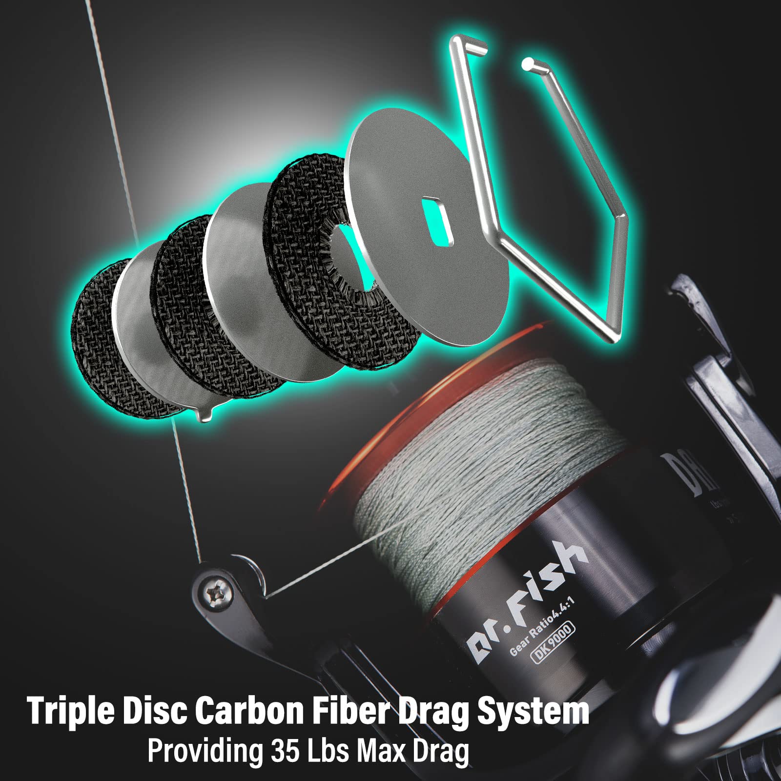 Dr.Fish Darkness Spinning Reel 8000/9000 Saltwater Surf Fishing Graphite Body, 9+1 Stainless Steel Bbs, 35Lb Carbon Fiber Drag, Spare Spool, Heavy Duty Big Game Fishing Surf Casting