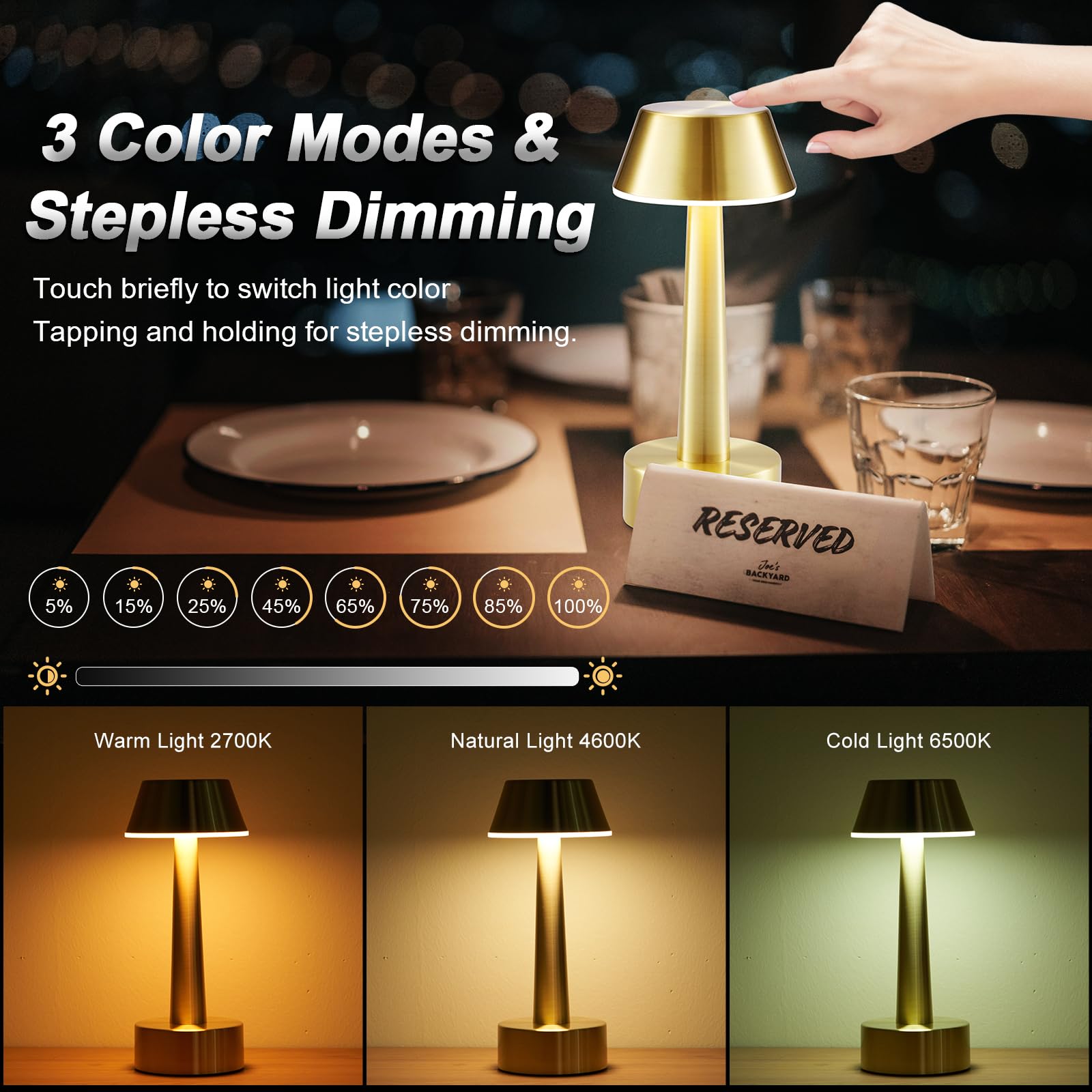 Intelive 2 Pack Small Cordless Table Lamp, Battery Operated Gold Lamp For Restaurant Dinner Table, Rechargeable 3-Way Dimmable Touch Light Portable Metal Night Light For Bedside Dining Room Patio Bar Outdoor