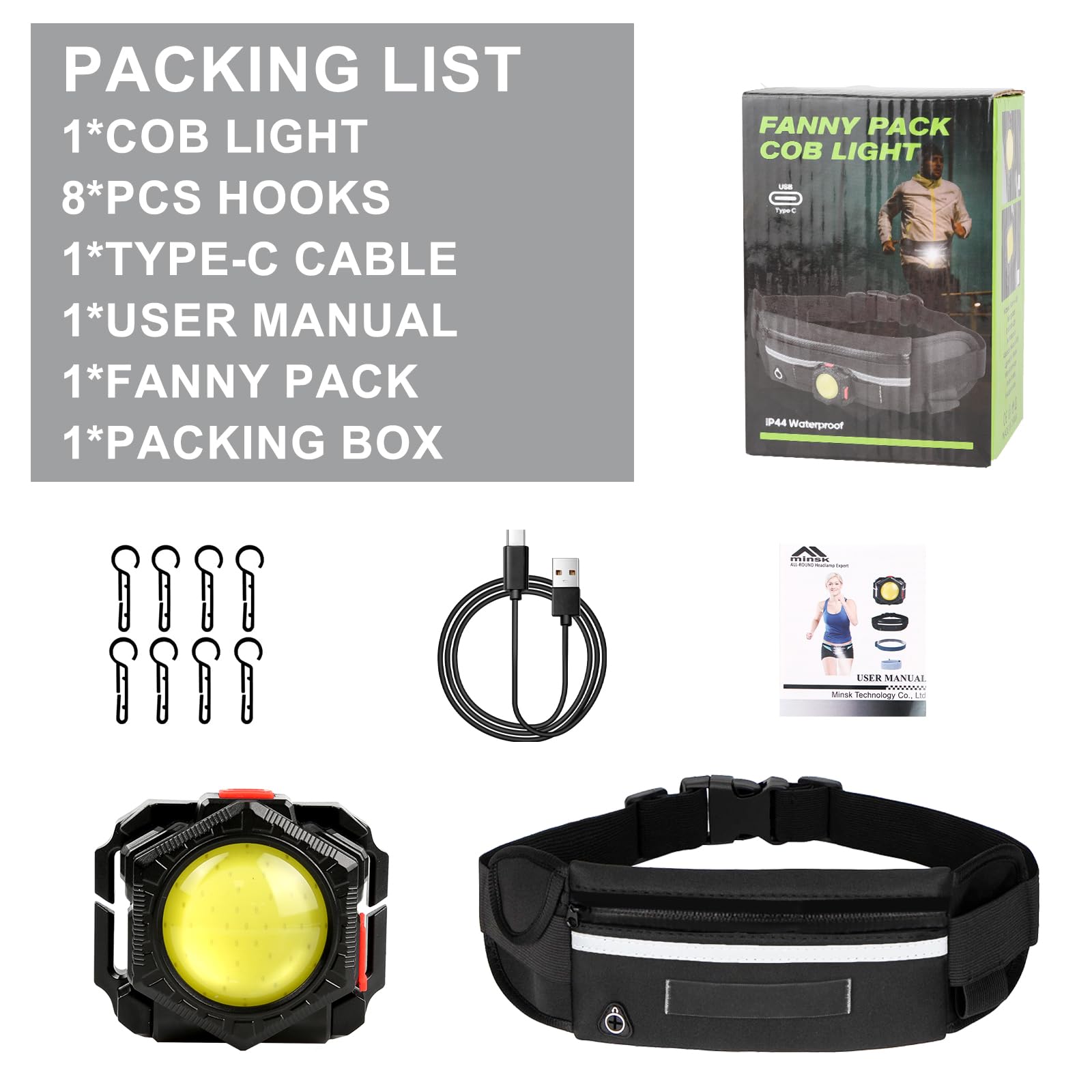 Siuyiu Running Light, Fanny Packs With 800 Lumen Cob Light For Men Women, Ipx5 Waterproof, Waist Belt Running Lights With Adjustable Strap For Hiking Walking