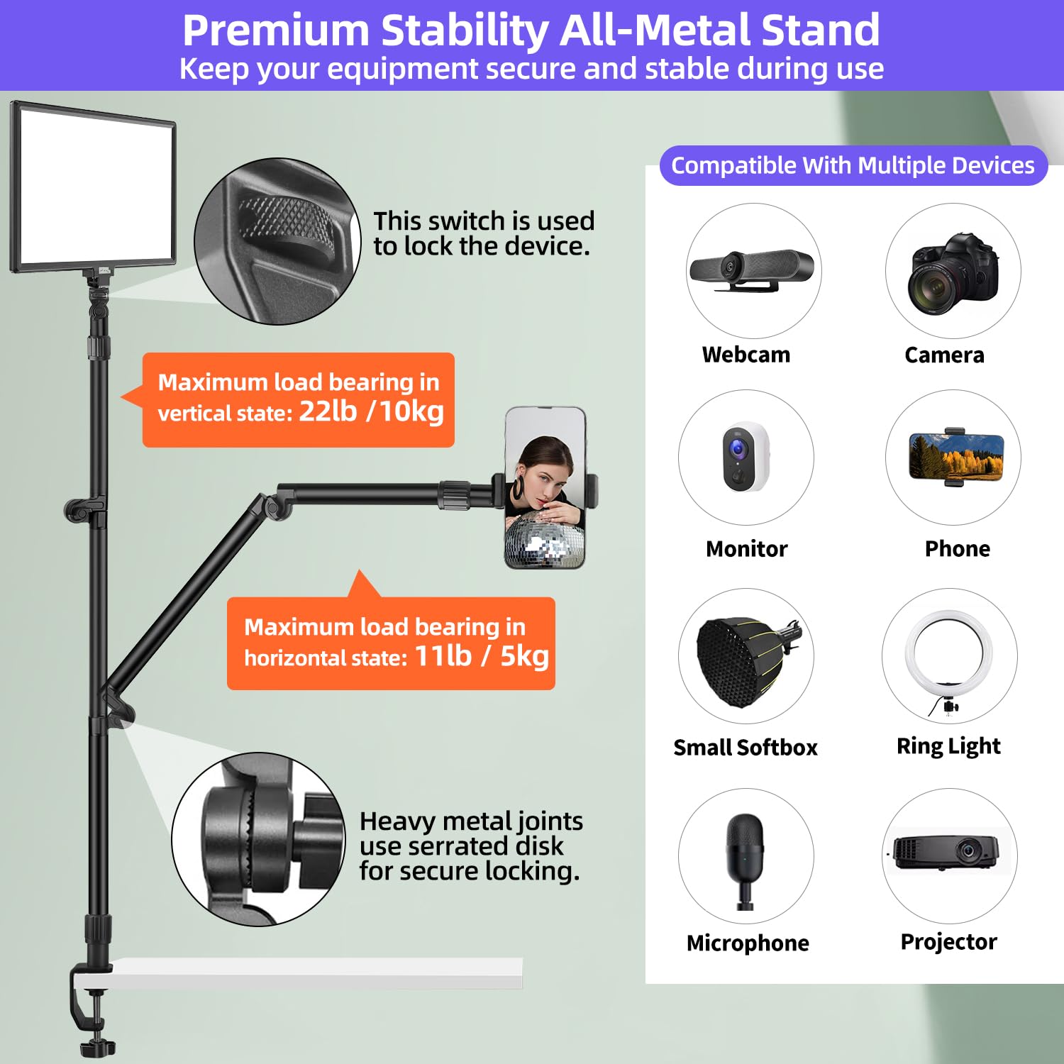 Jinsui 37" Overhead Camera Mount Desk Stand, 3-Section 360° Adjustable Articulating Metal Arm With 1/4" Screw And Phone Holder, Foldable Webcam Stand For Dslr Camera Ring Light Projector