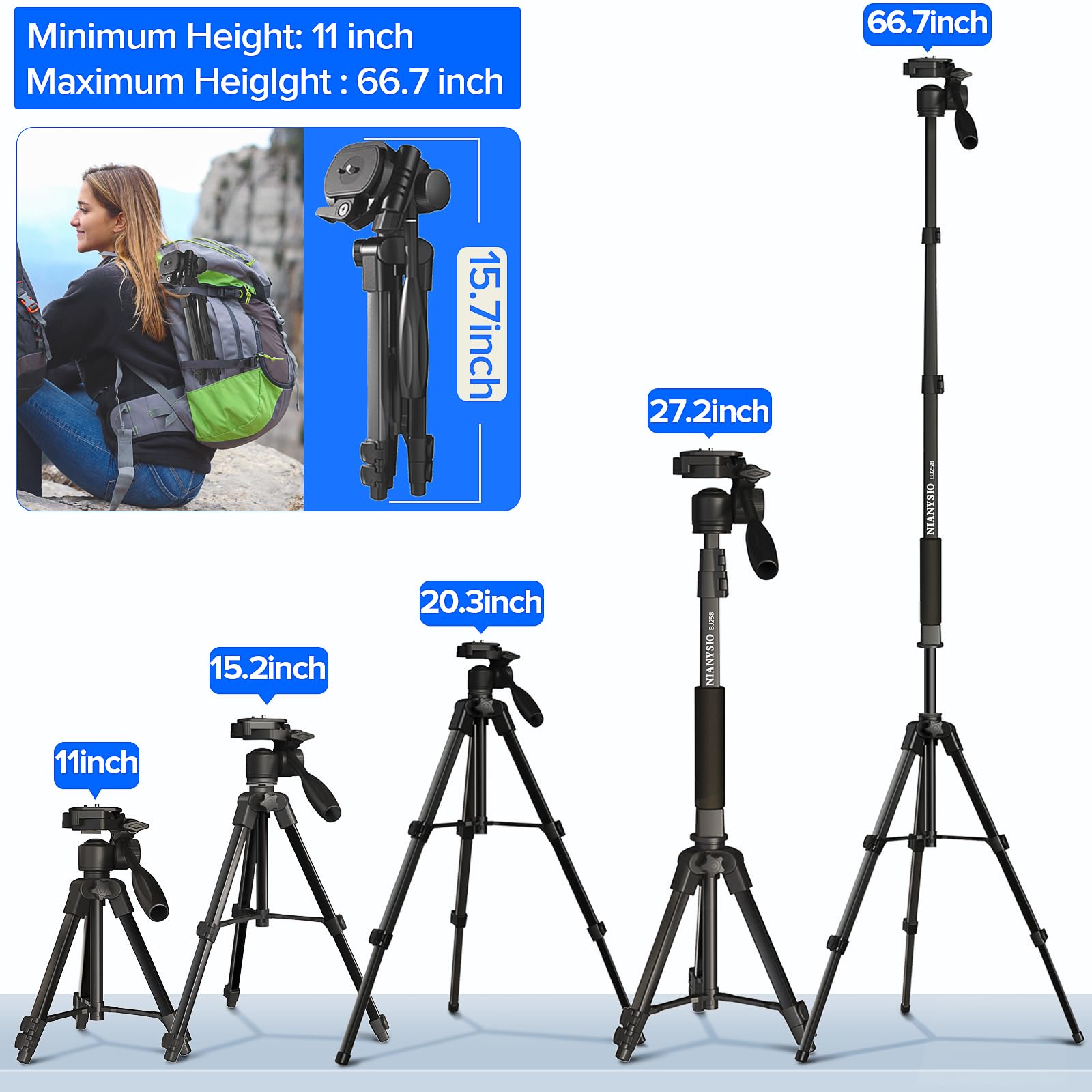 Nianyiso Camera Tripod For Camera, 66.7 Inch Patented 3-Way Rotating Portable Cameras Stand Professional Travel Phone Camera Mount Monopod For Cameras, Smartphones, Suitable For Various Live Vlogging