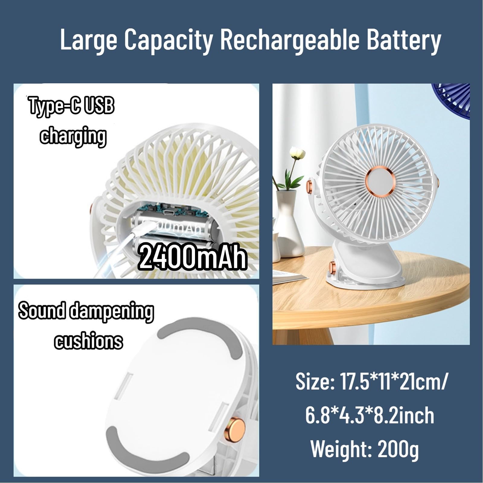 Desk Fan Clip On With Lights Usb Rechargeable 2400Mah 5 Level Speed Air Flow Portable Personal Mini