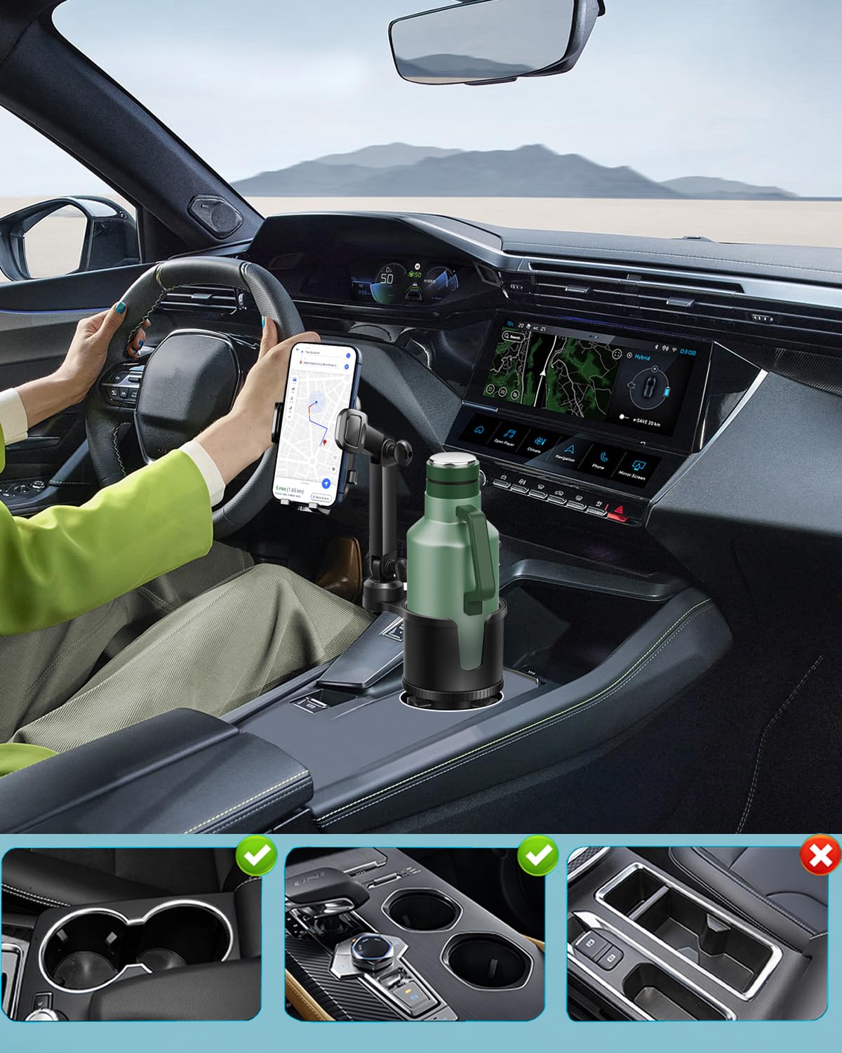 Easkkty Cup Phone Holder For Car With Expandable Base, 2 In 1 Adjustable Hands  Cell Phone Holders Car Cupholder Mount, Friendly Fit Large Bottle & Iphone All Cellphone For Truck Suv  No Shake Design