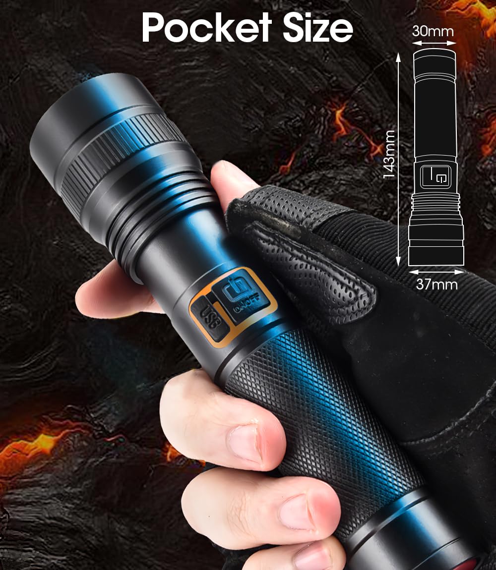 Annteneo Rechargeable Flashlights 10000 High Lumens, Super Bright Small Spotlight Led Flash Light Long Throw Pocket Utility Flashlight Zoomable Waterproof For Camping, Home, Walking Dog(Battery Included)