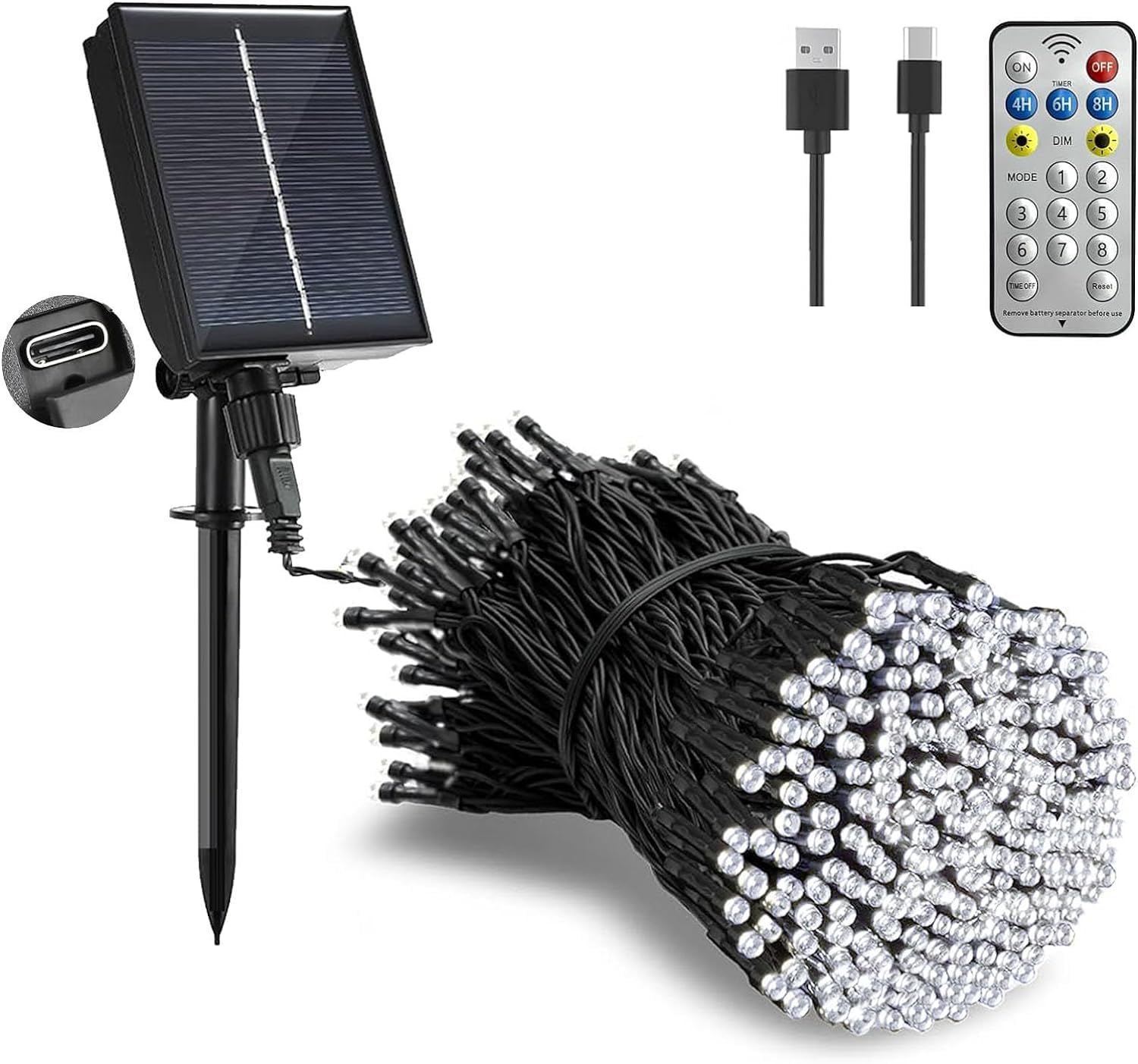 Merrimax M Solar Christmas Lights Outdoor - 65Ft/20M 200 Led Solar Powered String Lights, Usb Charging, Remote, 8 Modes Waterproof Lights For Garden, Yard, Tree Decor - Cool White