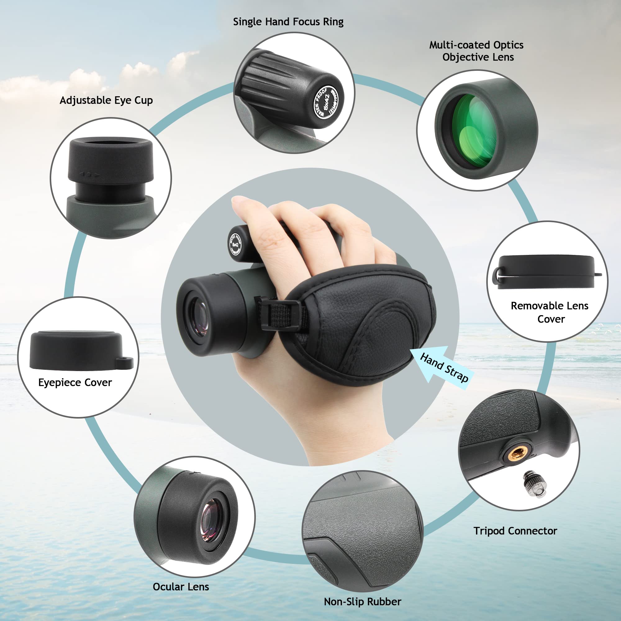 Astromania 8X42 Bak4 High Power Prism Monoculars, Waterproof, Compact Handheld Monoscope For Bird Watching, Traveling  For Men