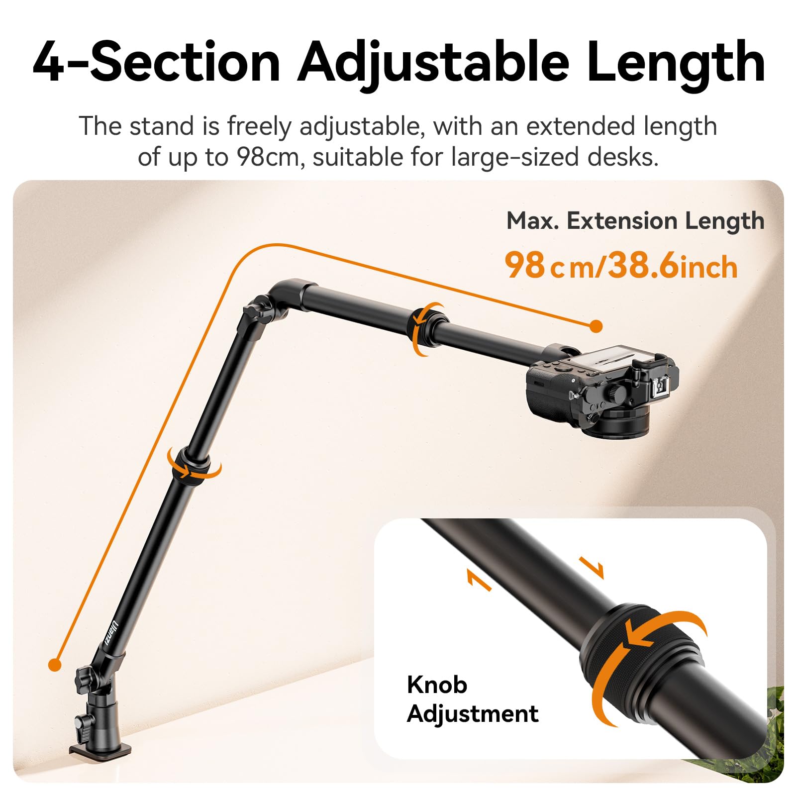 Ulanzi Zj02 Camera Desk Mount Overhead Magic Arm, 98Cm/38.6Inch Aluminum Adjustable Articulating Arm With 1/4" Ball Head For Cameras Dslr Lights Mount For Live Streaming/Photo Video Shooting