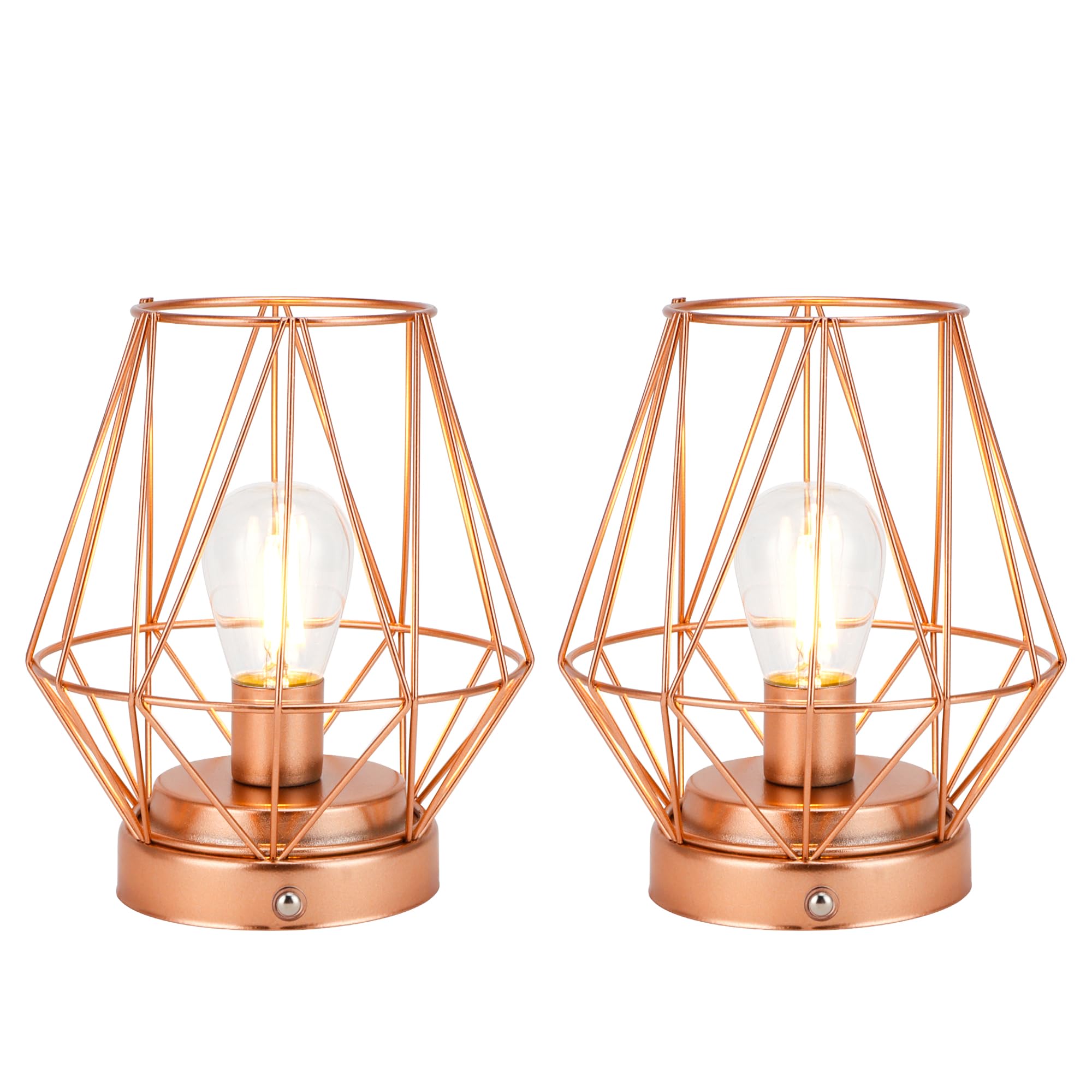 Uni-Gifts Set Of 2 Metal Battery Operated Lamp 7 "H Rechargeable Bedside Lamps Cage Shape Cordless Table Lamp Touch Dimmable Led Table Lights For Indoor Outdoor Bedrooms Office Wedding Parties Patio（Diamond）