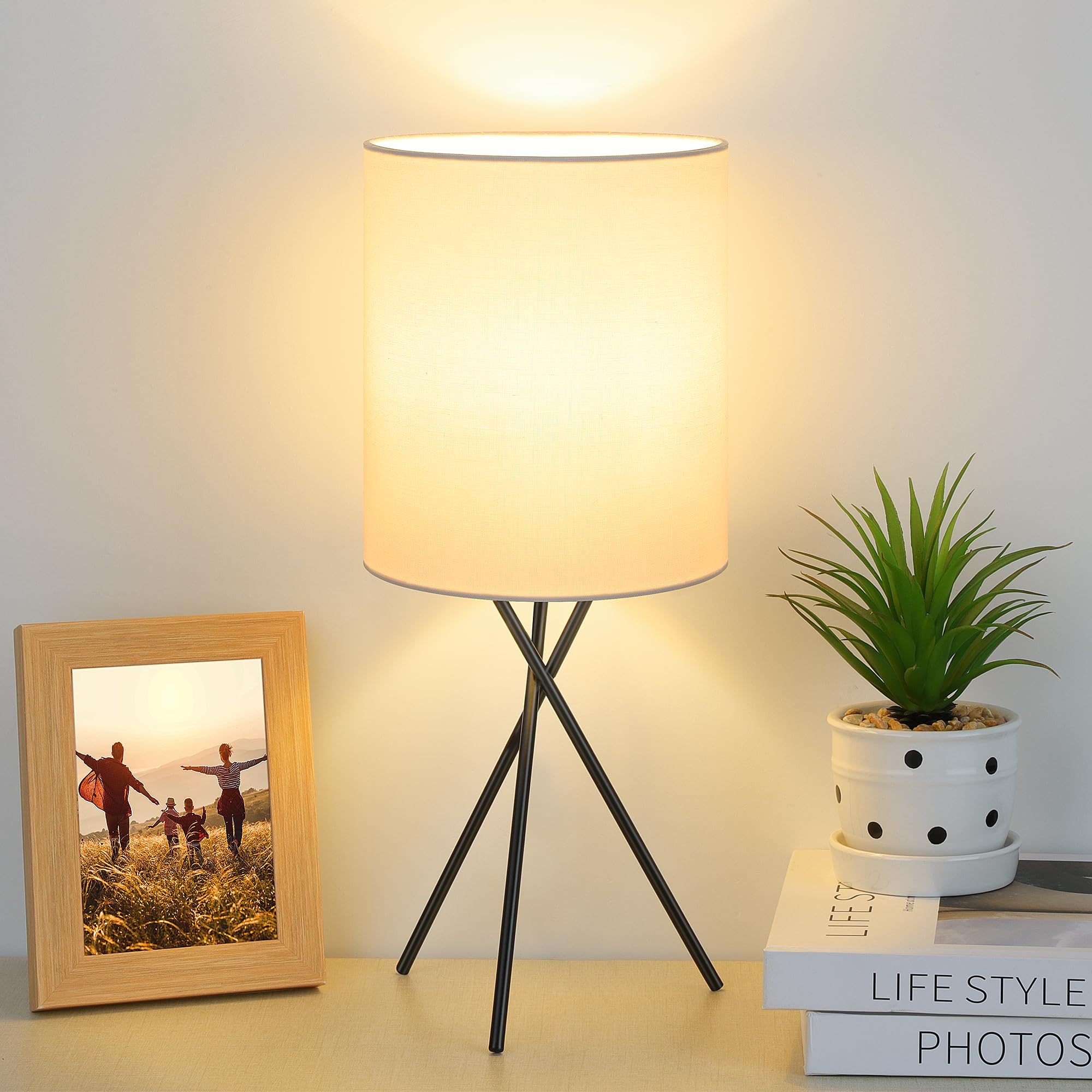 Folksmate Bedside Table Lamp With Black Metal Base, Modern Small Desk Lamp, Nightstand Light Fixture With White Lampshade, Home Living Room Bedroom Office, Bulb Not Included