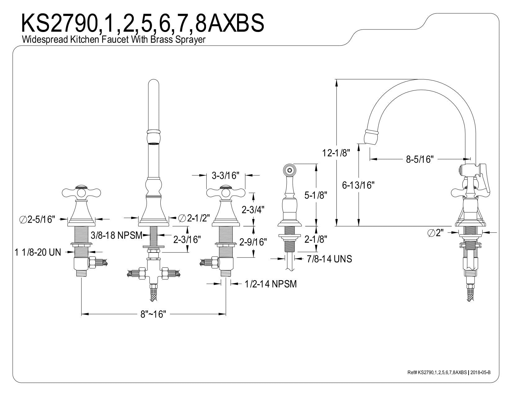 Elements Of Design Es2791Axbs Madison 8" To 16" Widespread Kitchen Faucet With Brass Sprayer, 8-1/4", Polished Chrome