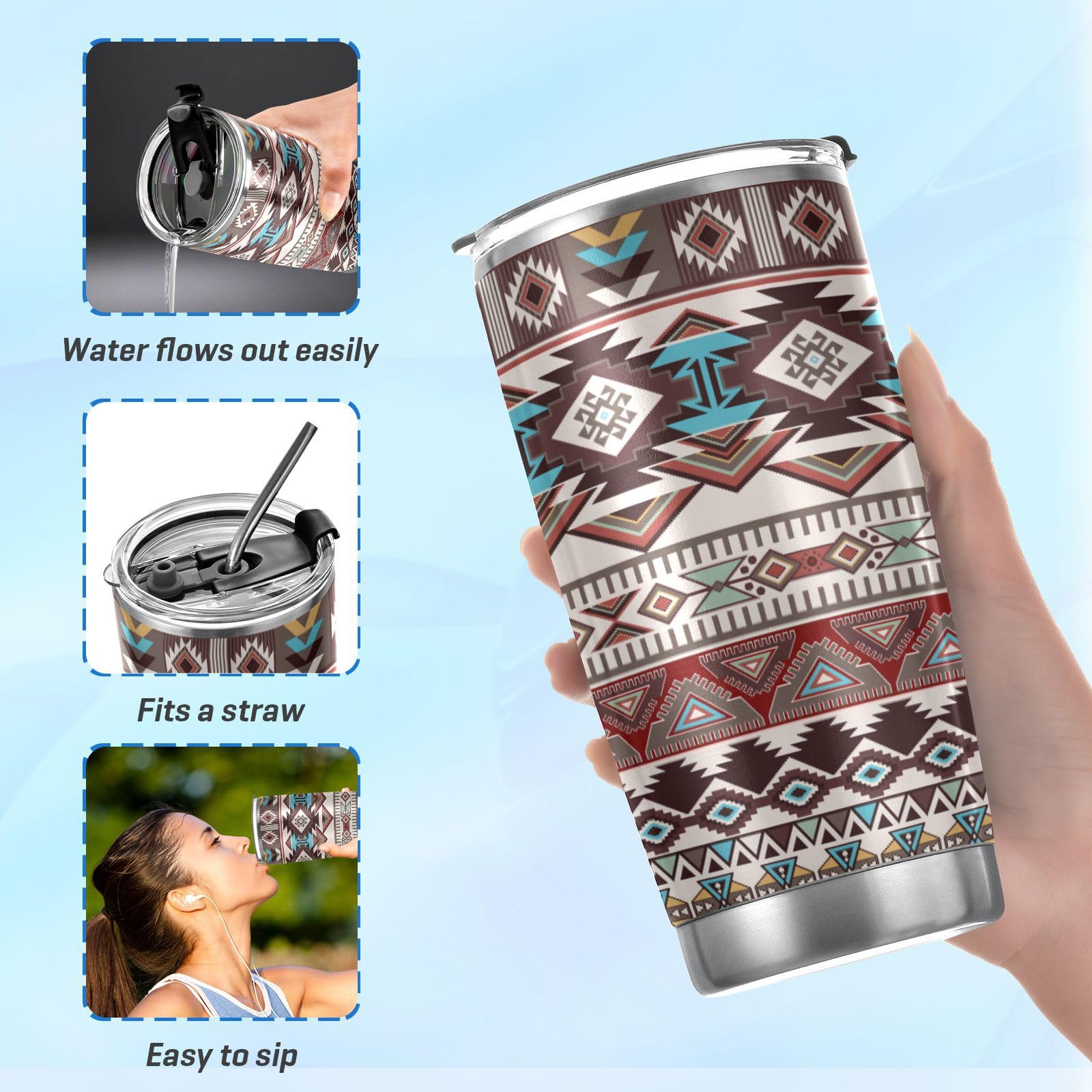 Aztec Navajo Tumbler With Straw Lid, 20Oz Stainless Steel Tumbler Cup Double Wall Vacuum Insulated