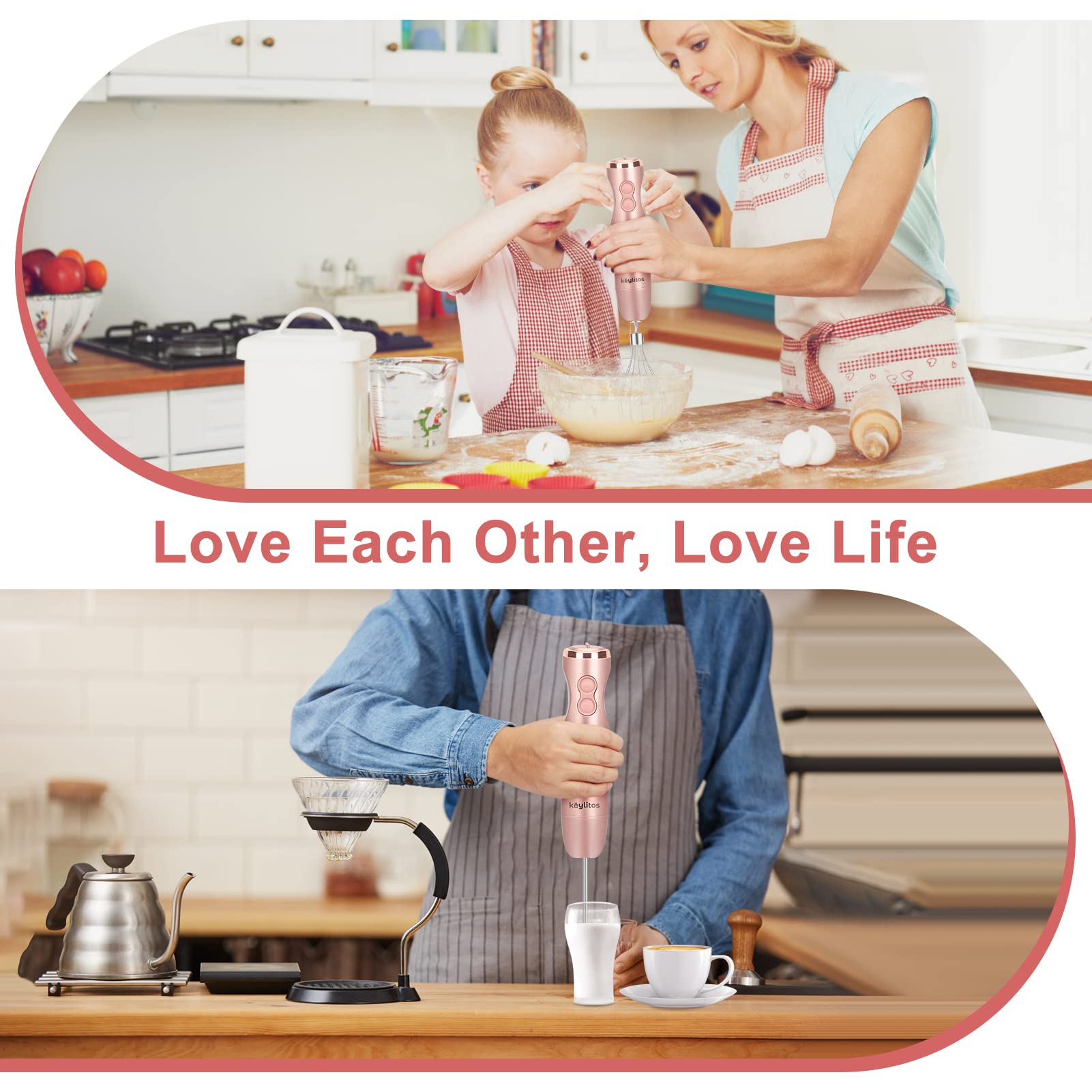 Keylitos 5-In-1 Immersion Hand Blender, Powerful 12-Speed Stick Blender With 304 Stainless Steel Blades, Chopper, Beaker, Milk Frothing Attachment And Egg Whisk, Golden Pink