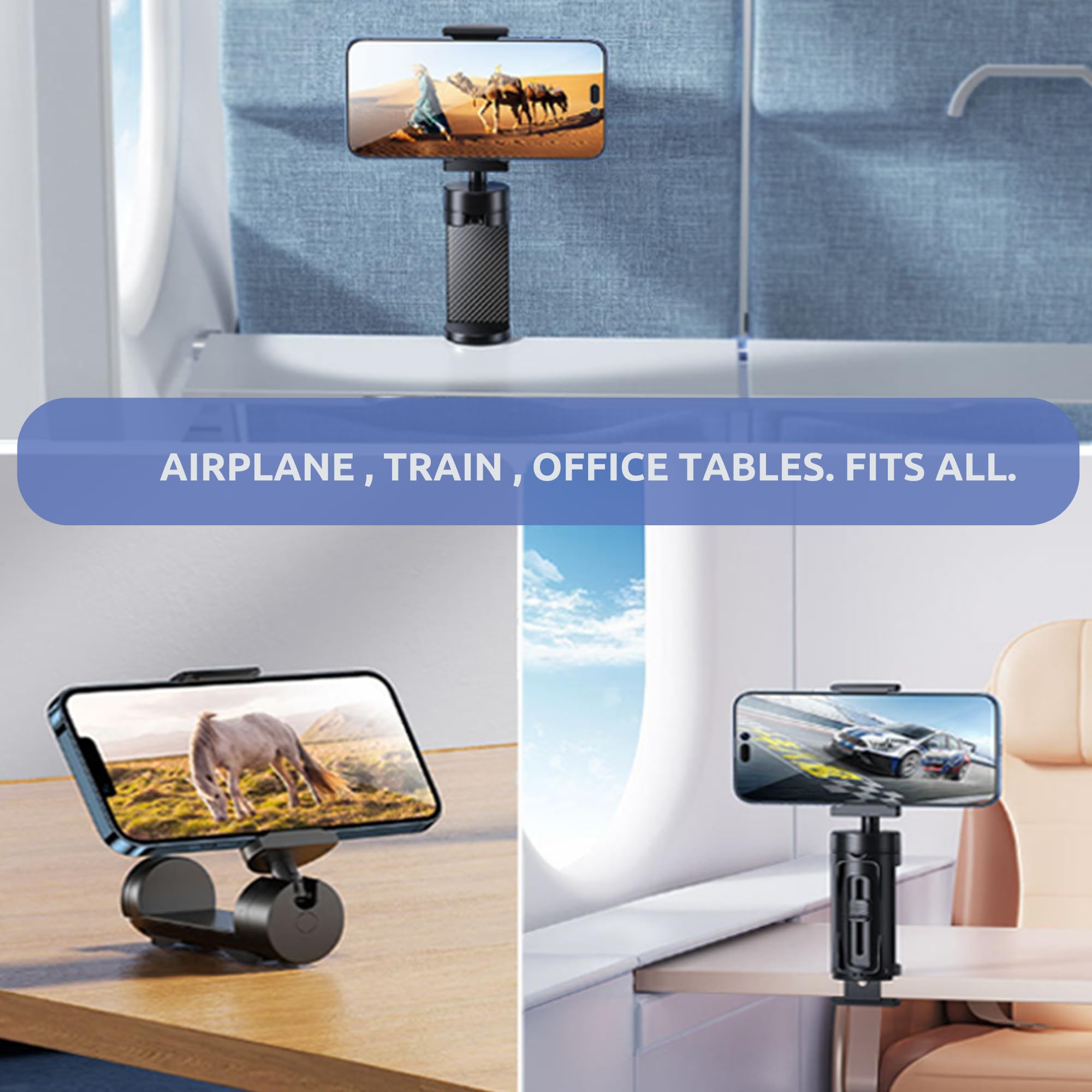 Kolodosa 3 Pack Airplane Phone Holder Travel Essentials Accessories Cruise Car Mount Cell Stand Air Plane Table Seat Desk Flight Vacation Size Golf Cart Universal Hands