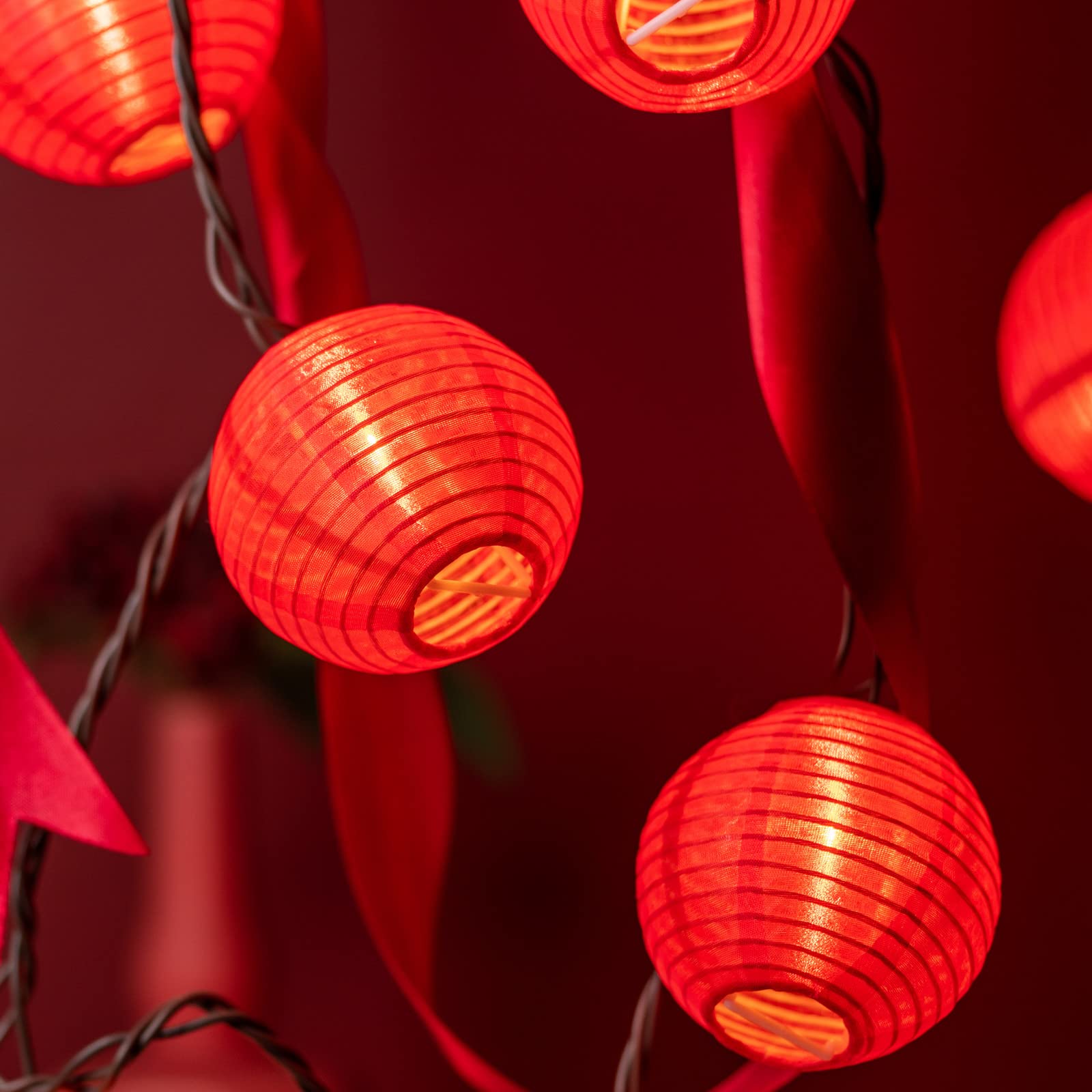 Sweet Shine Red Lantern String Lights, 10 Waterproof Nylon Lanterns With 8.7' Ul Listed Plug-In Connectable String Lights (Red)